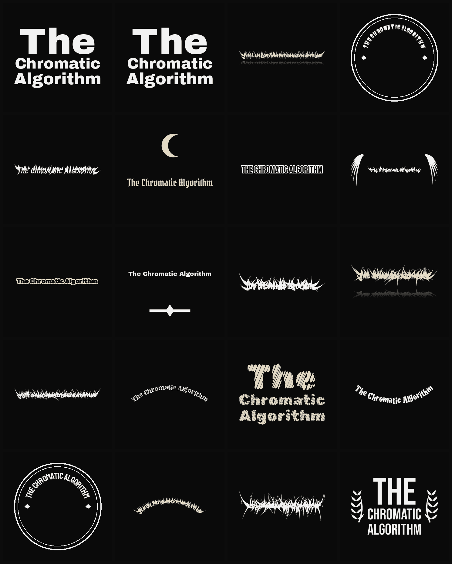 Twenty The Chromatic Algorithm band logo ideas — different faces, treatments and spike settings