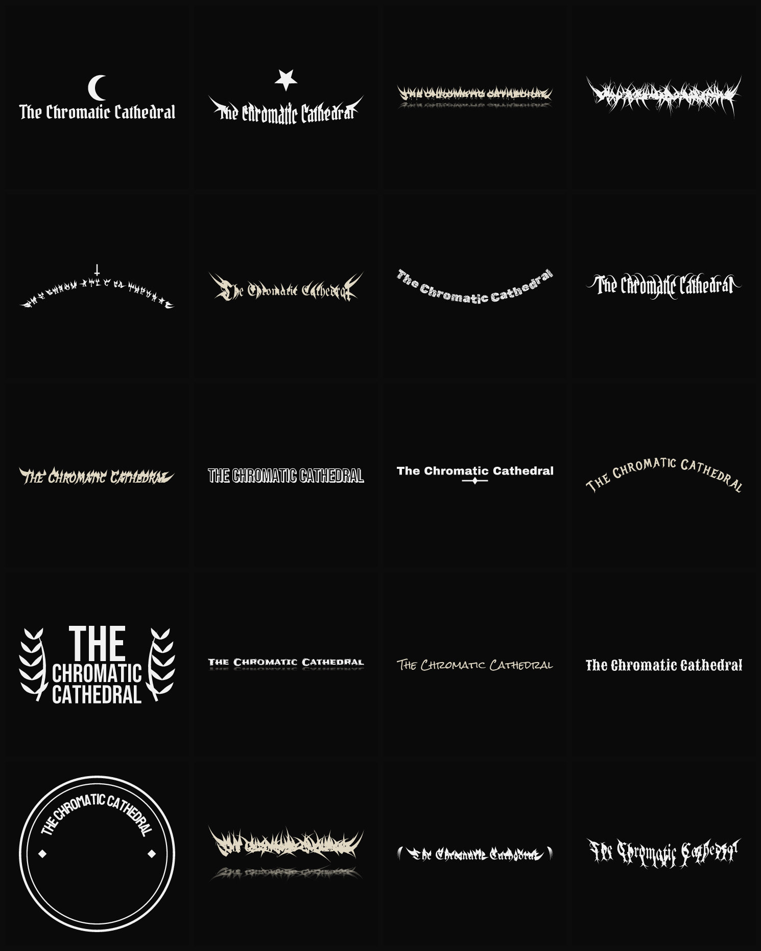 Twenty The Chromatic Cathedral band logo ideas — different faces, treatments and spike settings