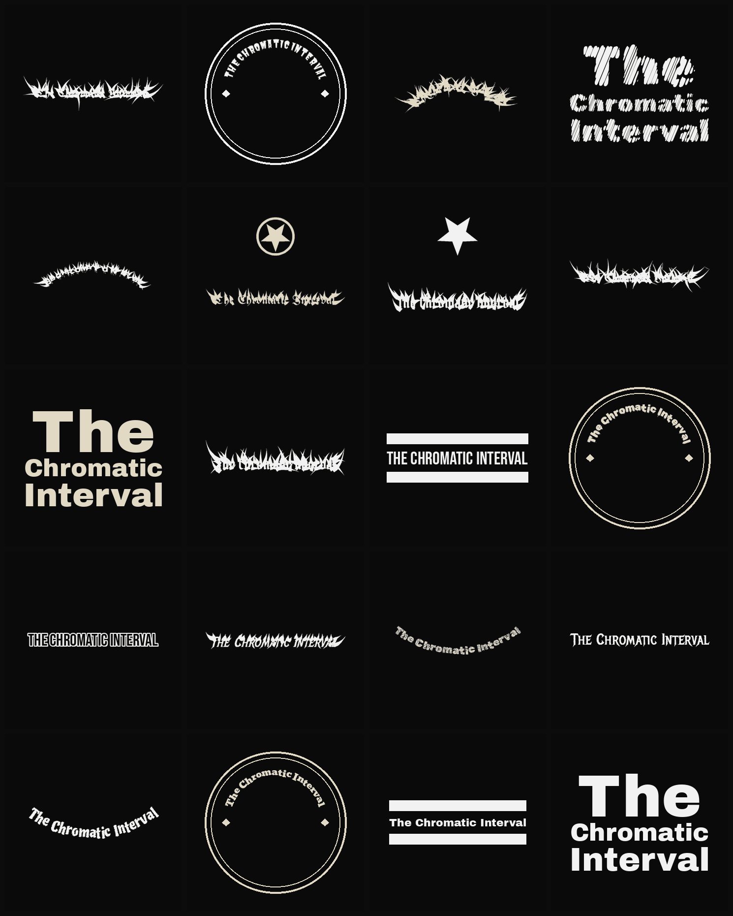 Twenty The Chromatic Interval band logo ideas — different faces, treatments and spike settings