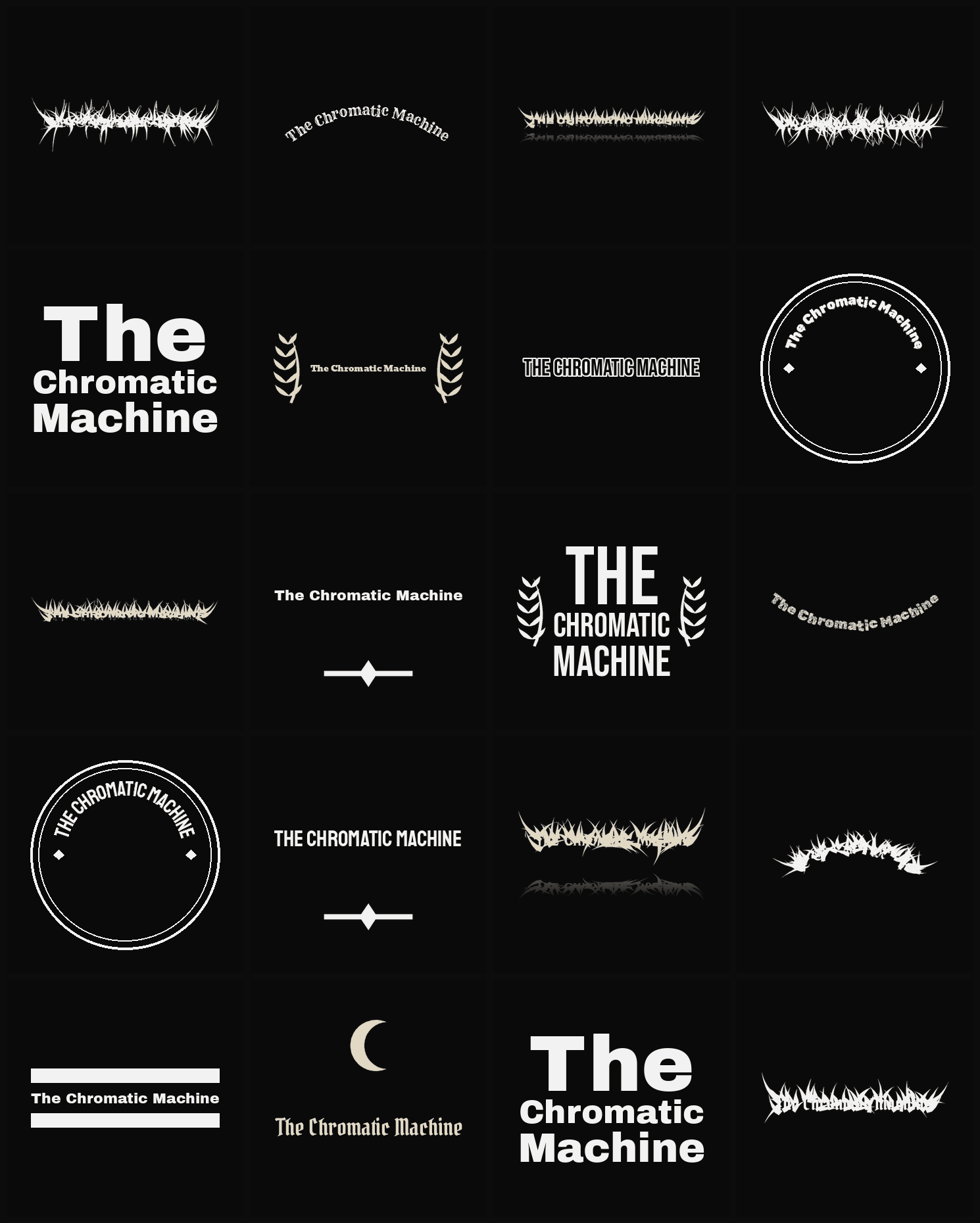 Twenty The Chromatic Machine band logo ideas — different faces, treatments and spike settings