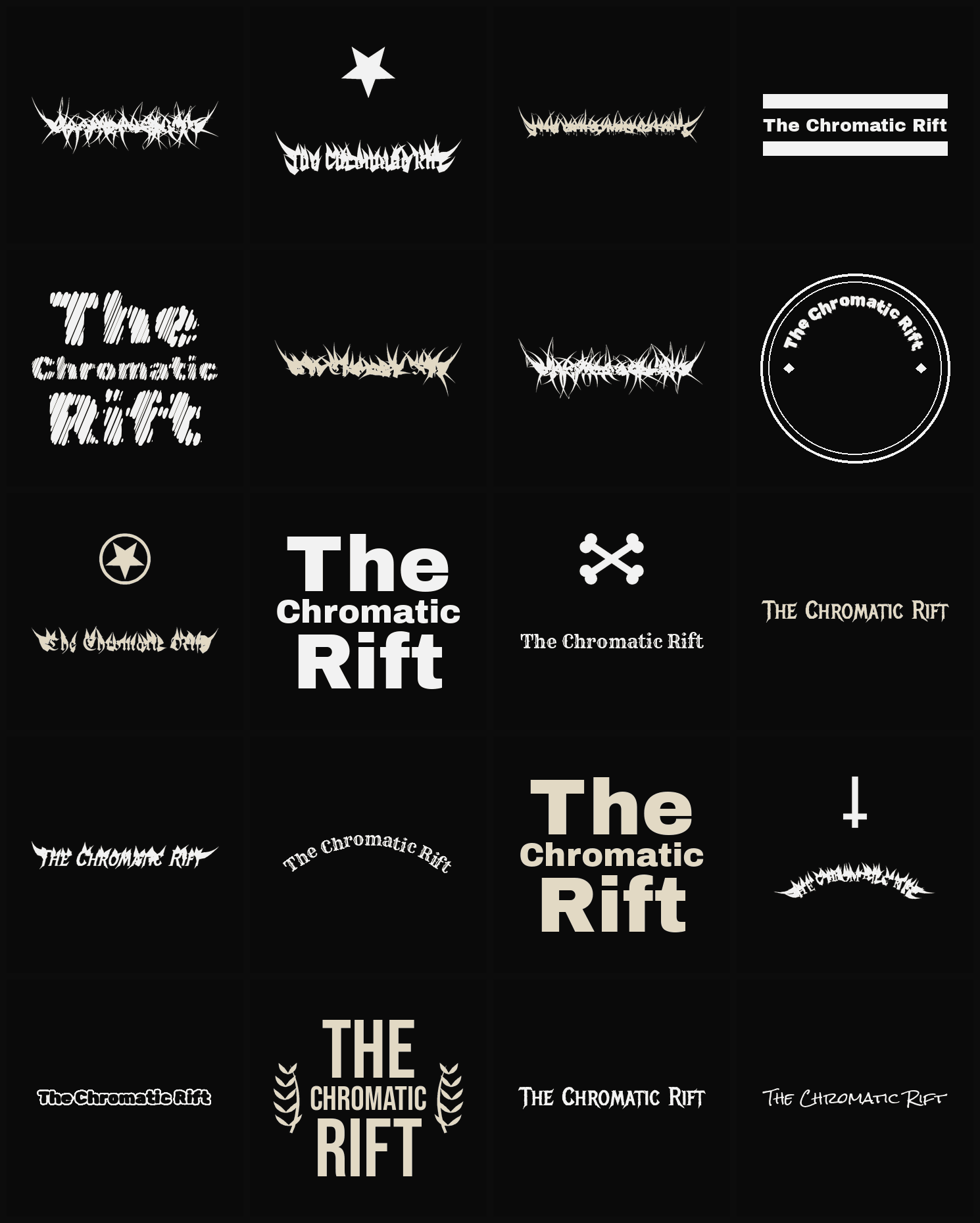 Twenty The Chromatic Rift band logo ideas — different faces, treatments and spike settings