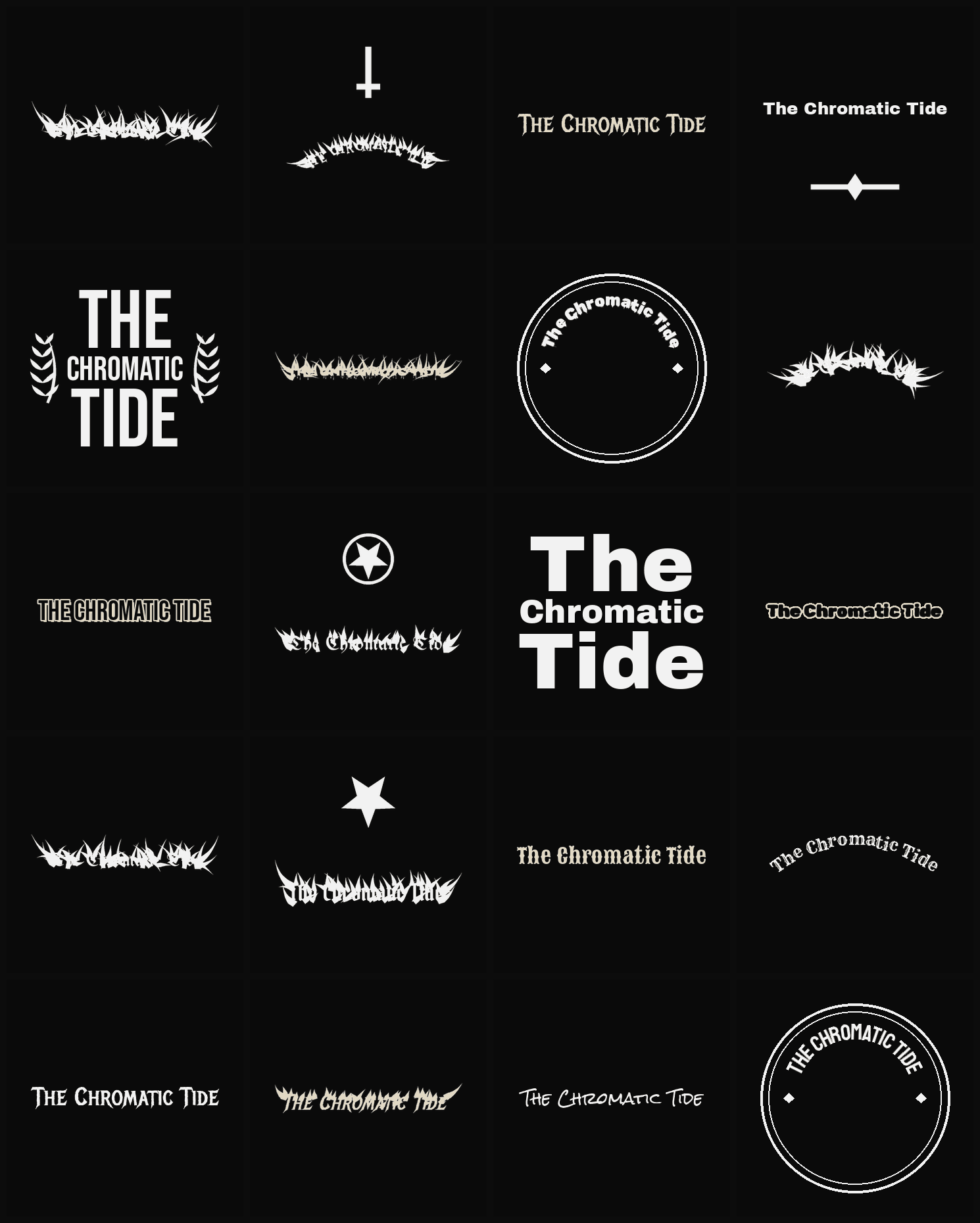 Twenty The Chromatic Tide band logo ideas — different faces, treatments and spike settings