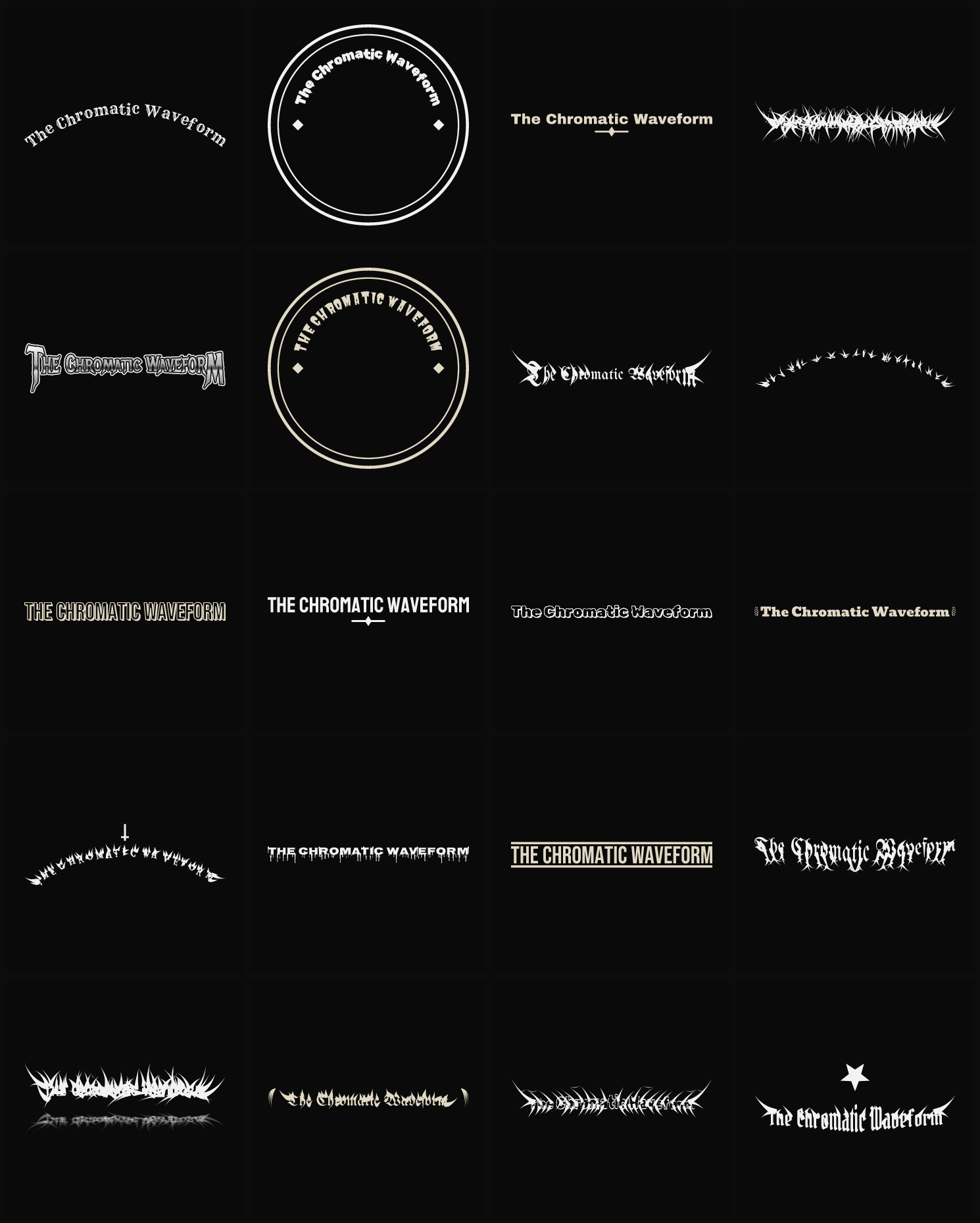 Twenty The Chromatic Waveform band logo ideas — different faces, treatments and spike settings