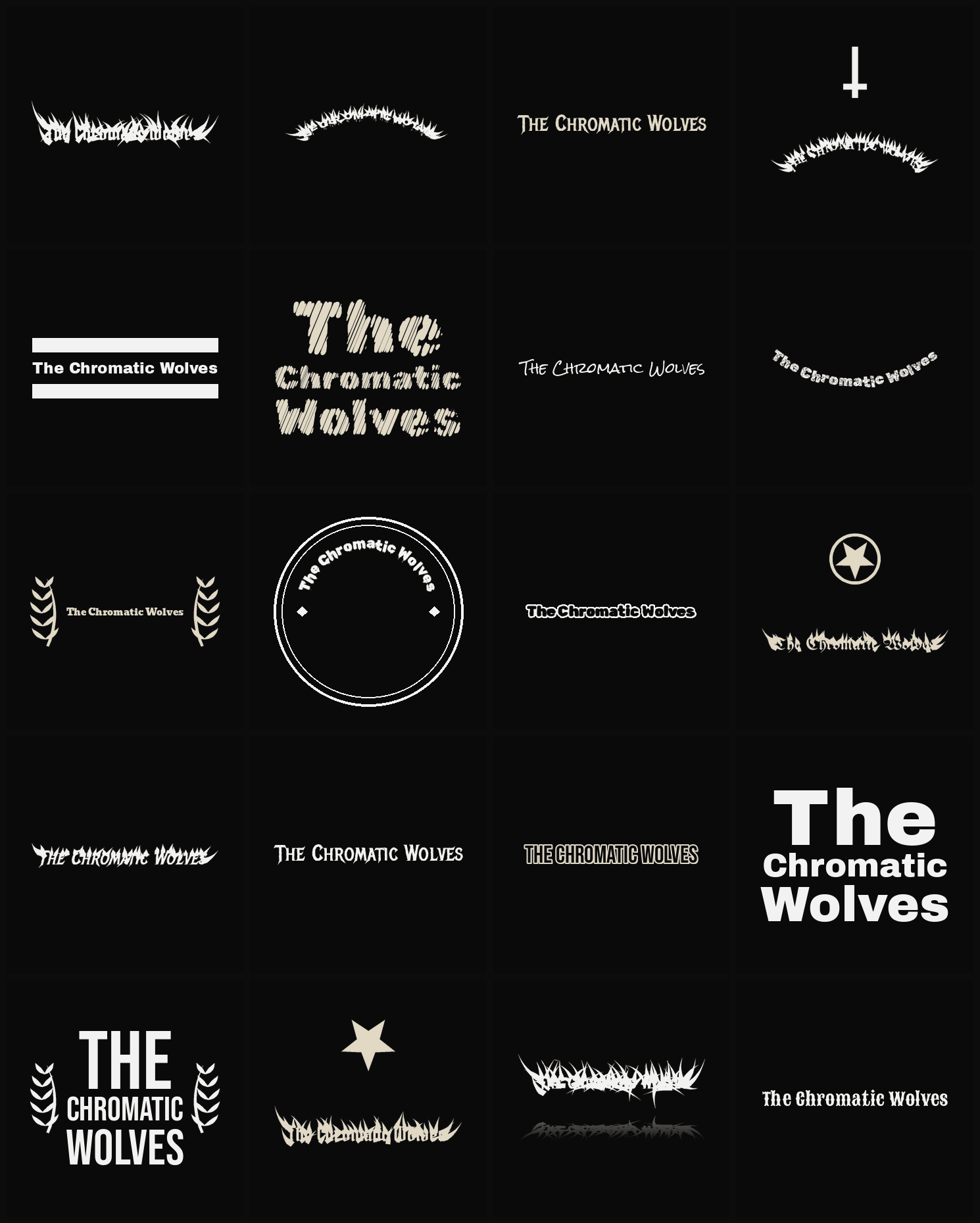 Twenty The Chromatic Wolves band logo ideas — different faces, treatments and spike settings