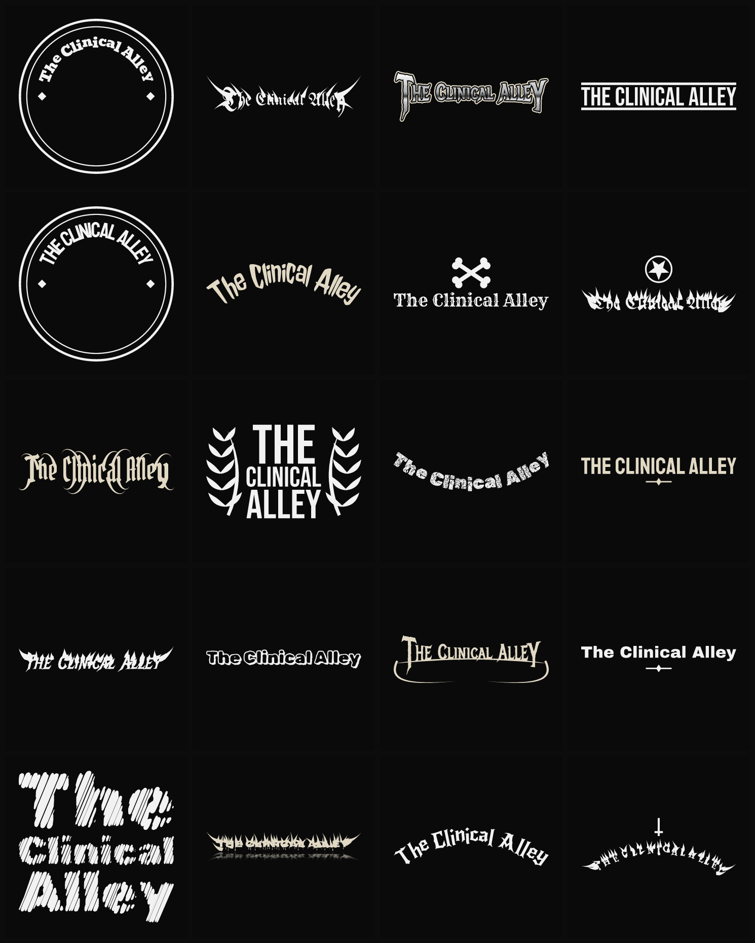Twenty The Clinical Alley band logo ideas — different faces, treatments and spike settings