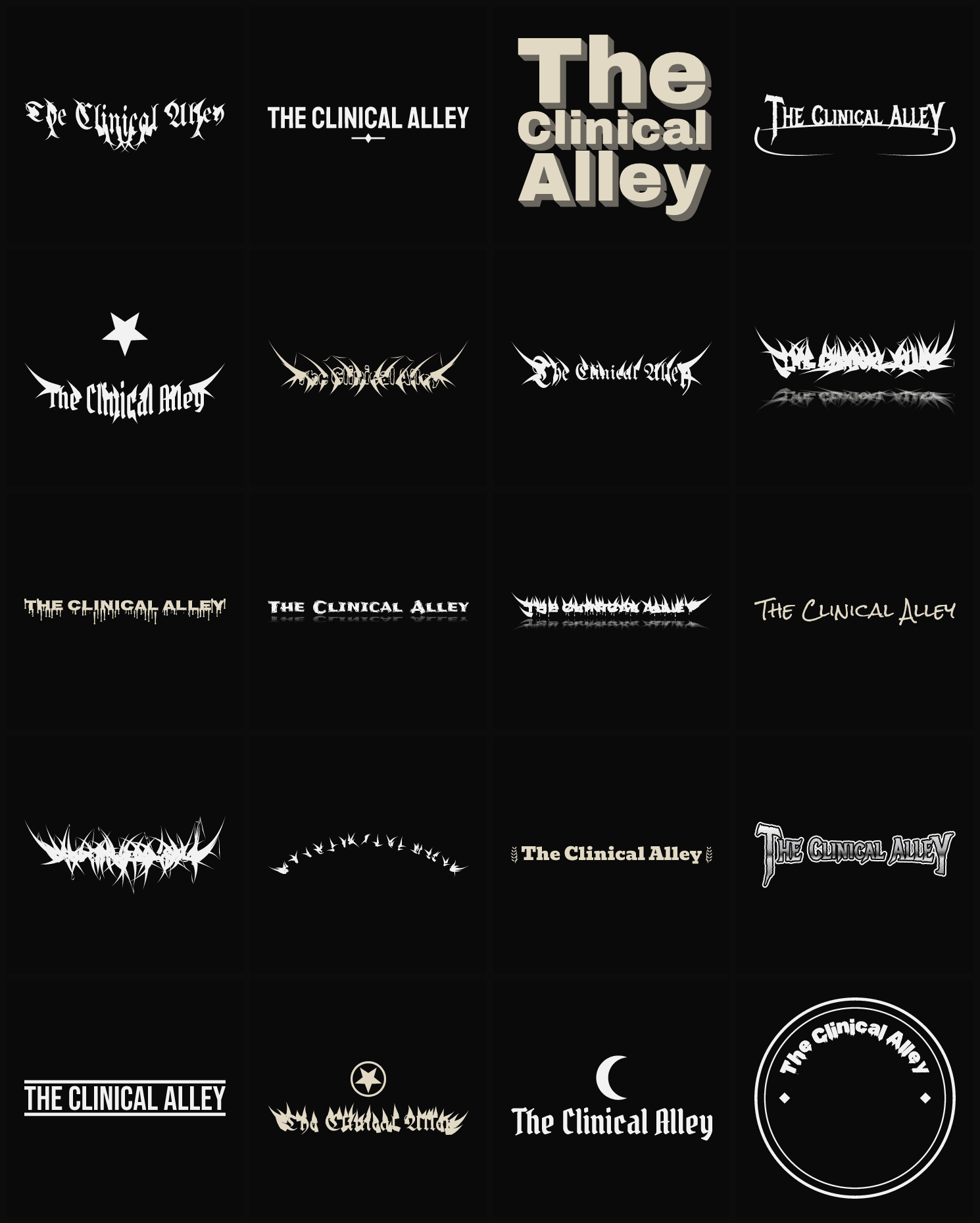 Twenty The Clinical Alley band logo ideas — different faces, treatments and spike settings