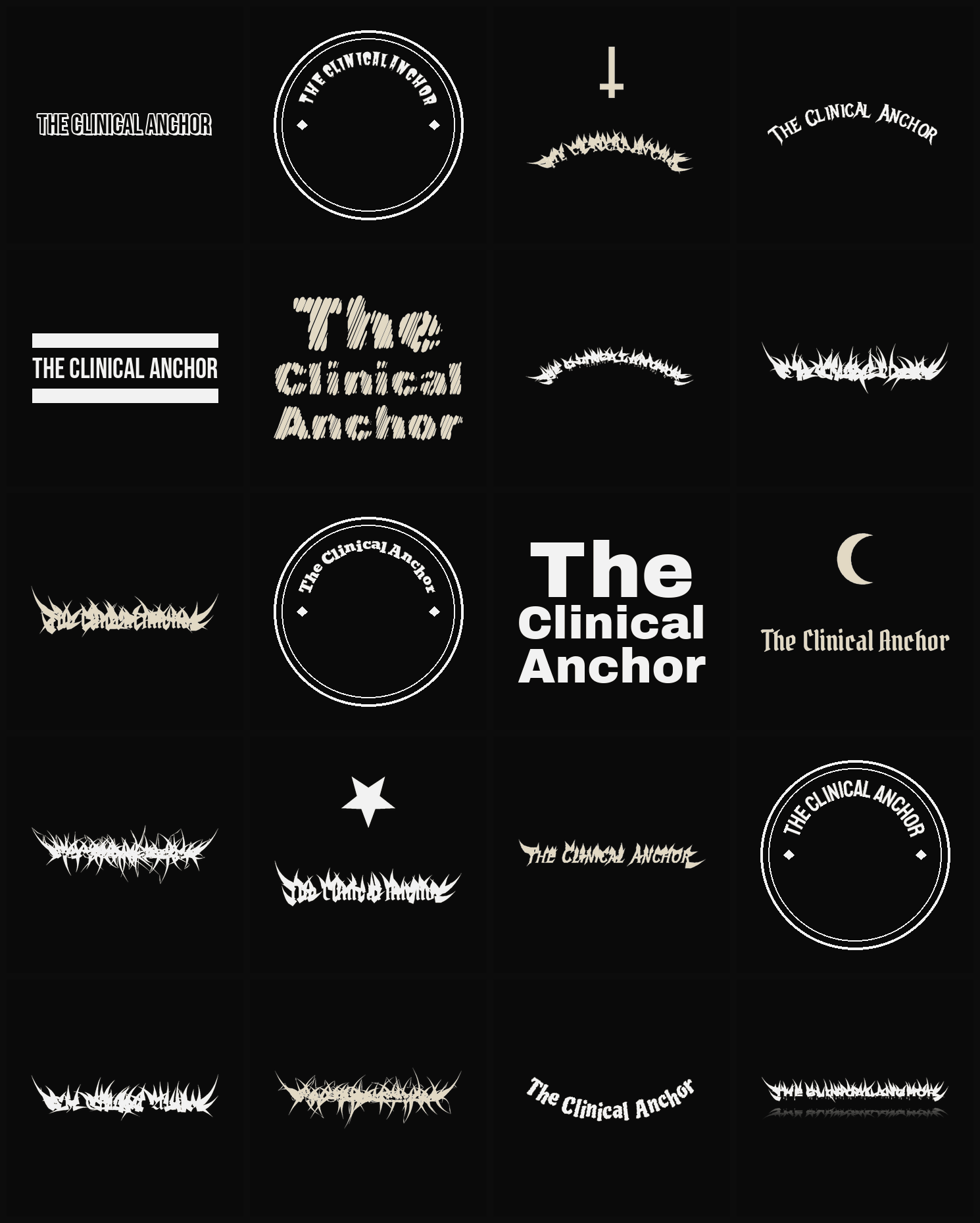 Twenty The Clinical Anchor band logo ideas — different faces, treatments and spike settings