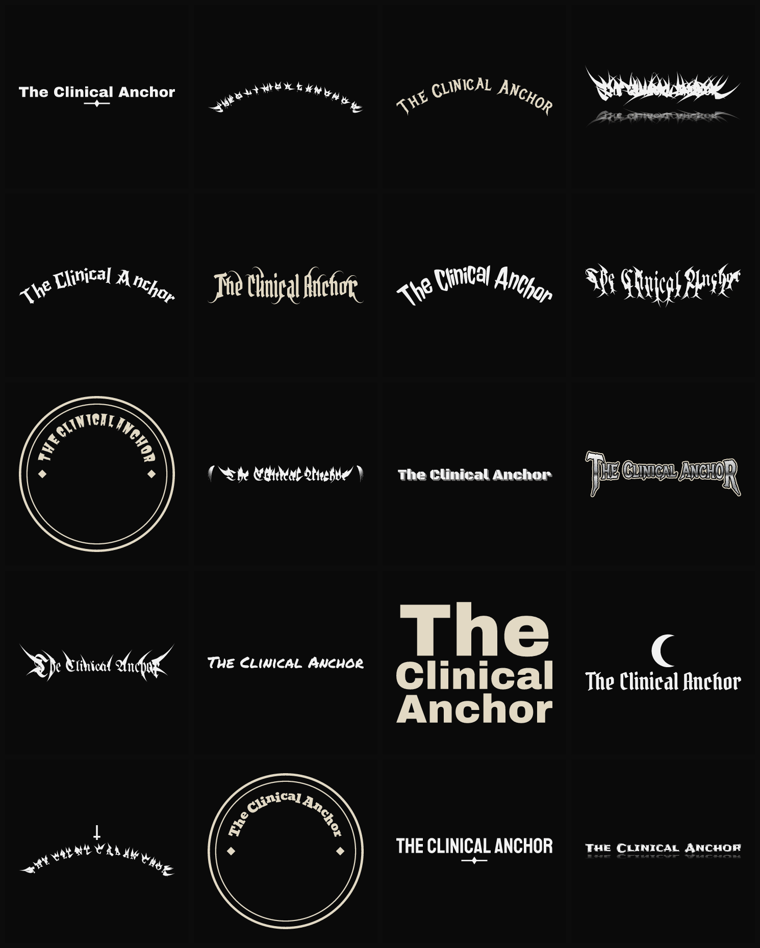 Twenty The Clinical Anchor band logo ideas — different faces, treatments and spike settings