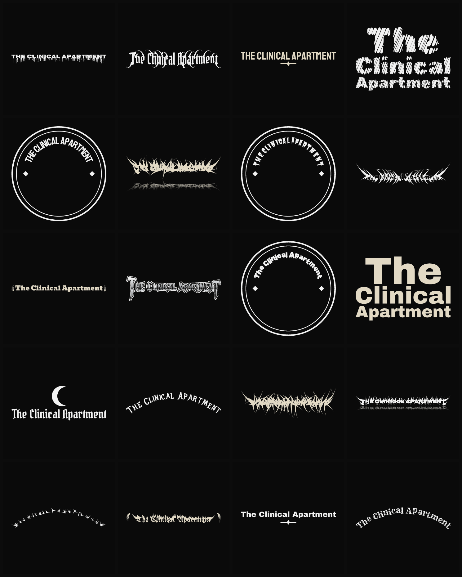 Twenty The Clinical Apartment band logo ideas — different faces, treatments and spike settings