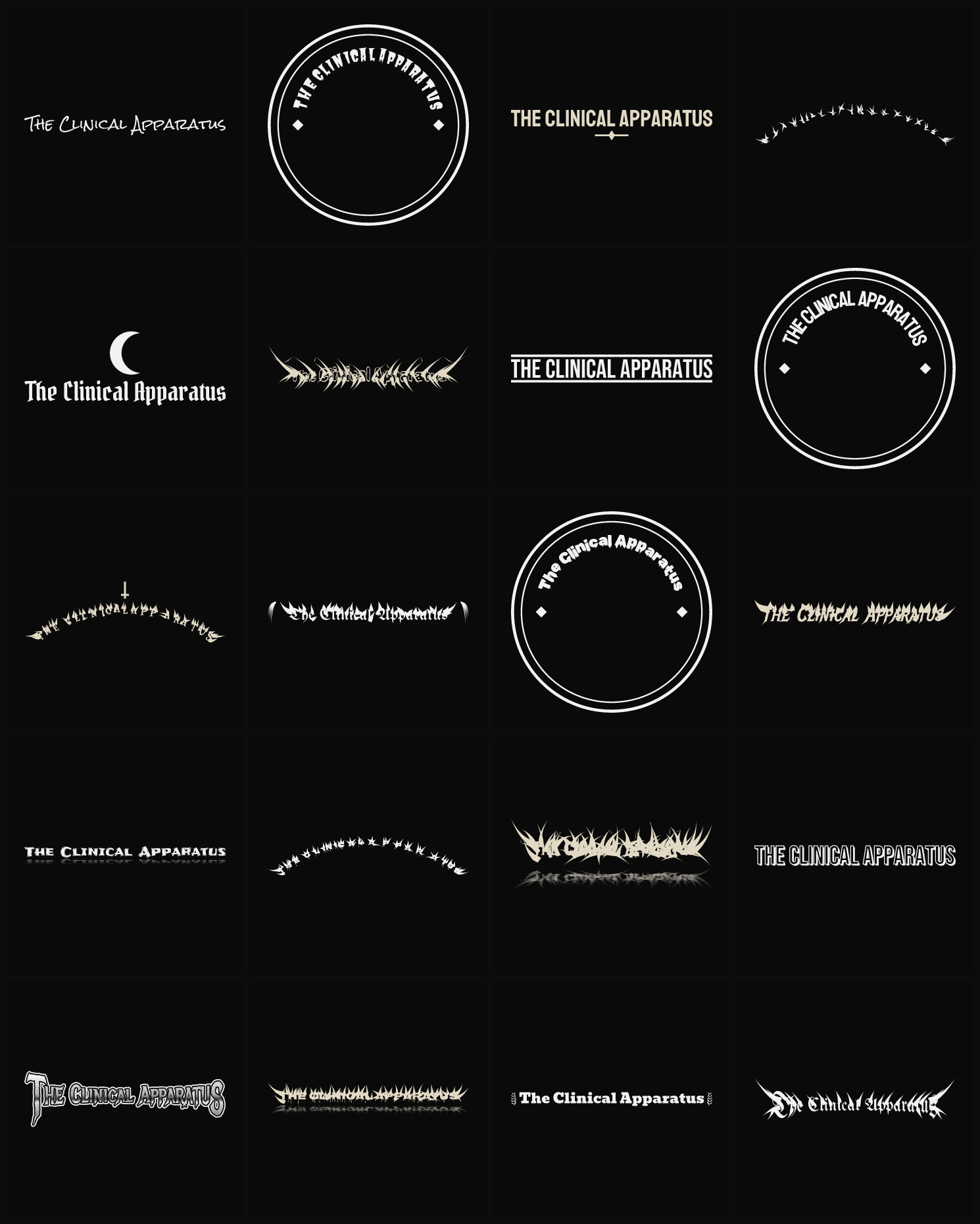 Twenty The Clinical Apparatus band logo ideas — different faces, treatments and spike settings