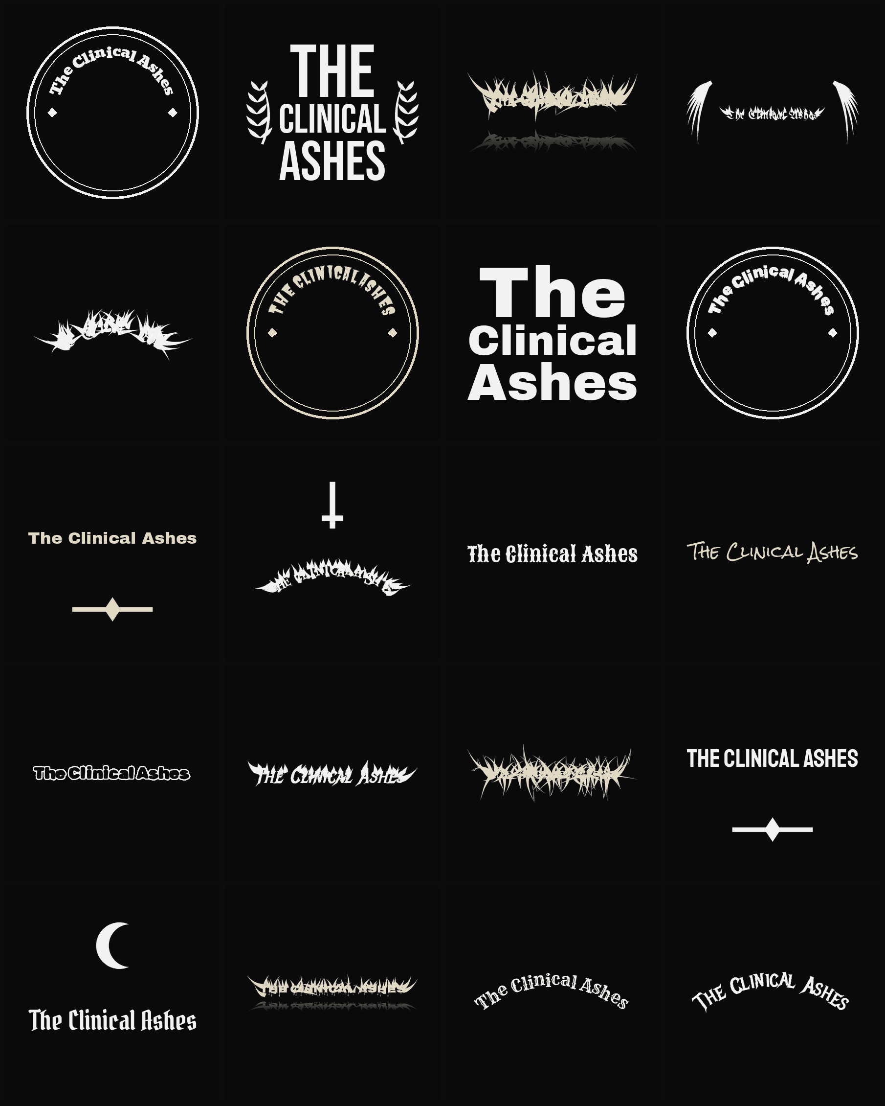 Twenty The Clinical Ashes band logo ideas — different faces, treatments and spike settings