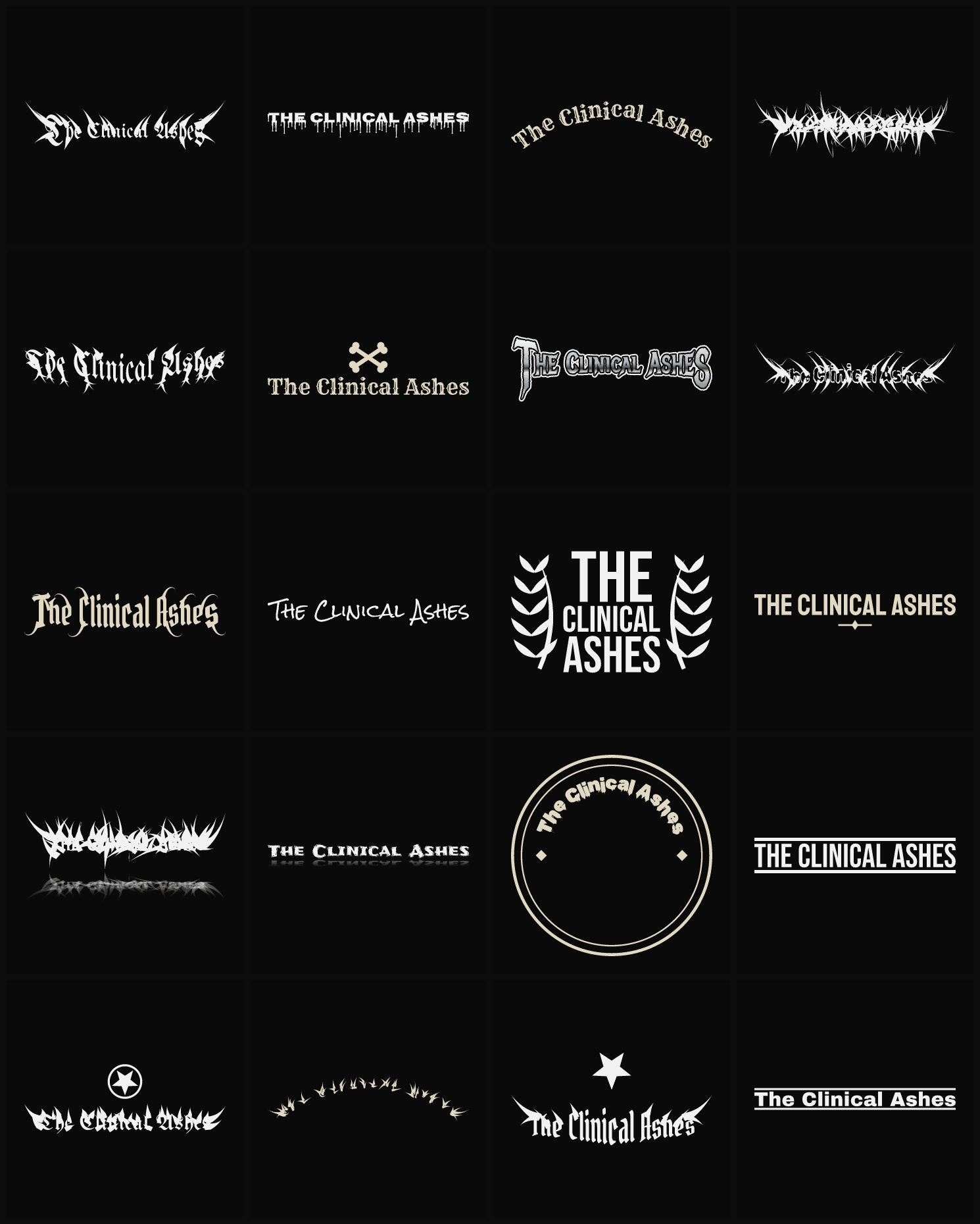 Twenty The Clinical Ashes band logo ideas — different faces, treatments and spike settings