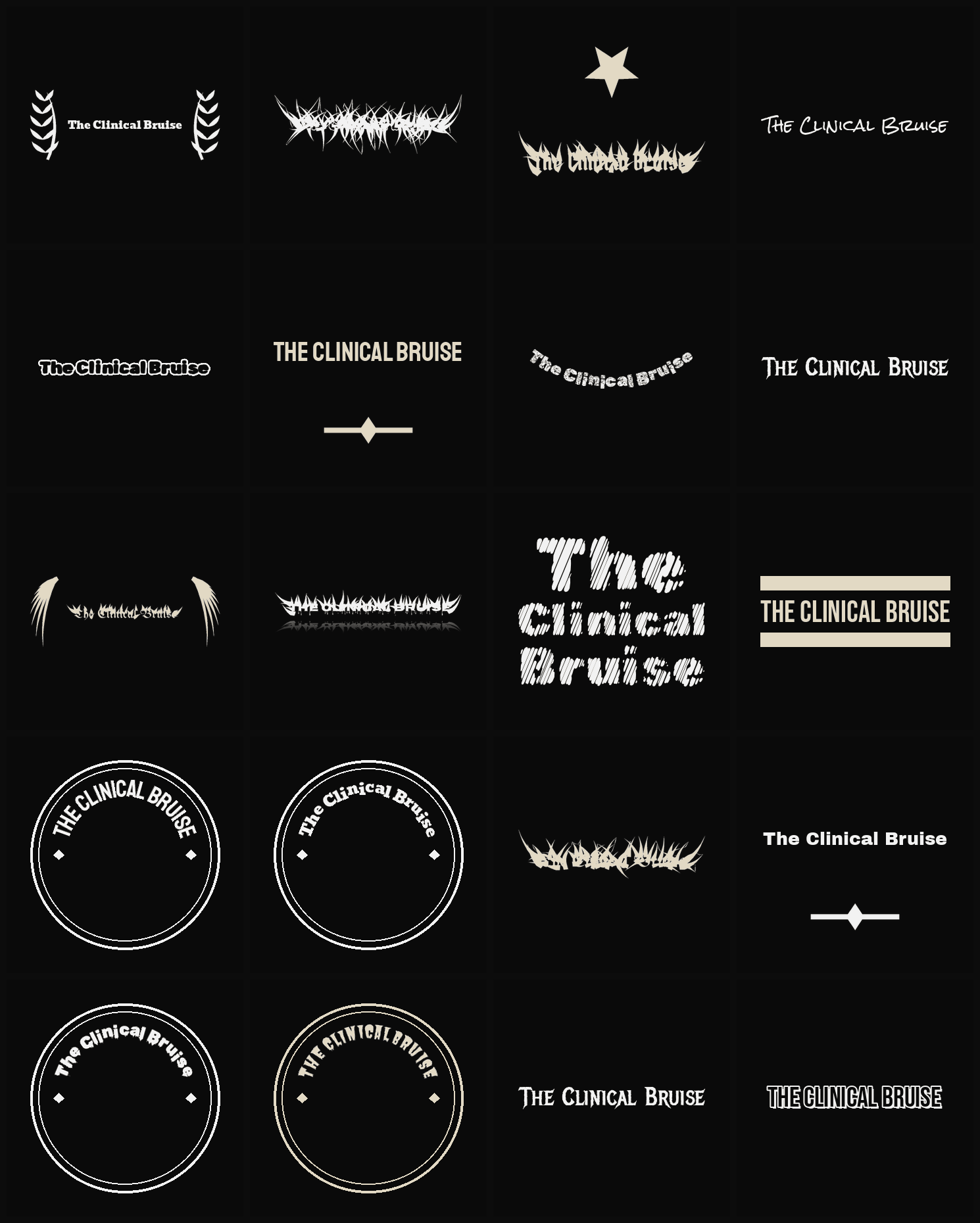 Twenty The Clinical Bruise band logo ideas — different faces, treatments and spike settings