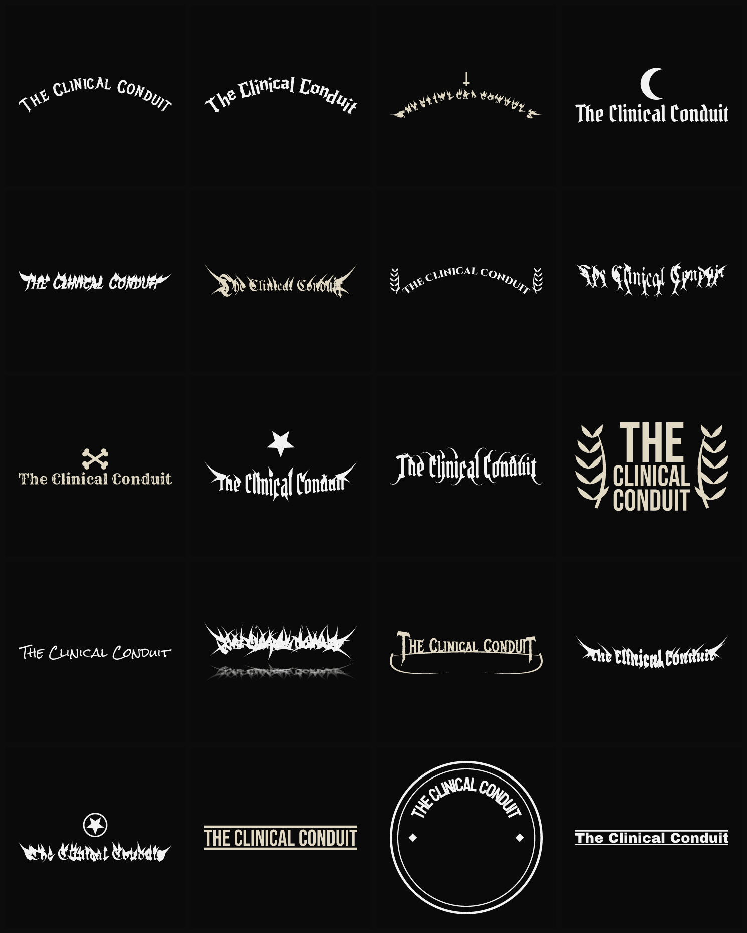 Twenty The Clinical Conduit band logo ideas — different faces, treatments and spike settings