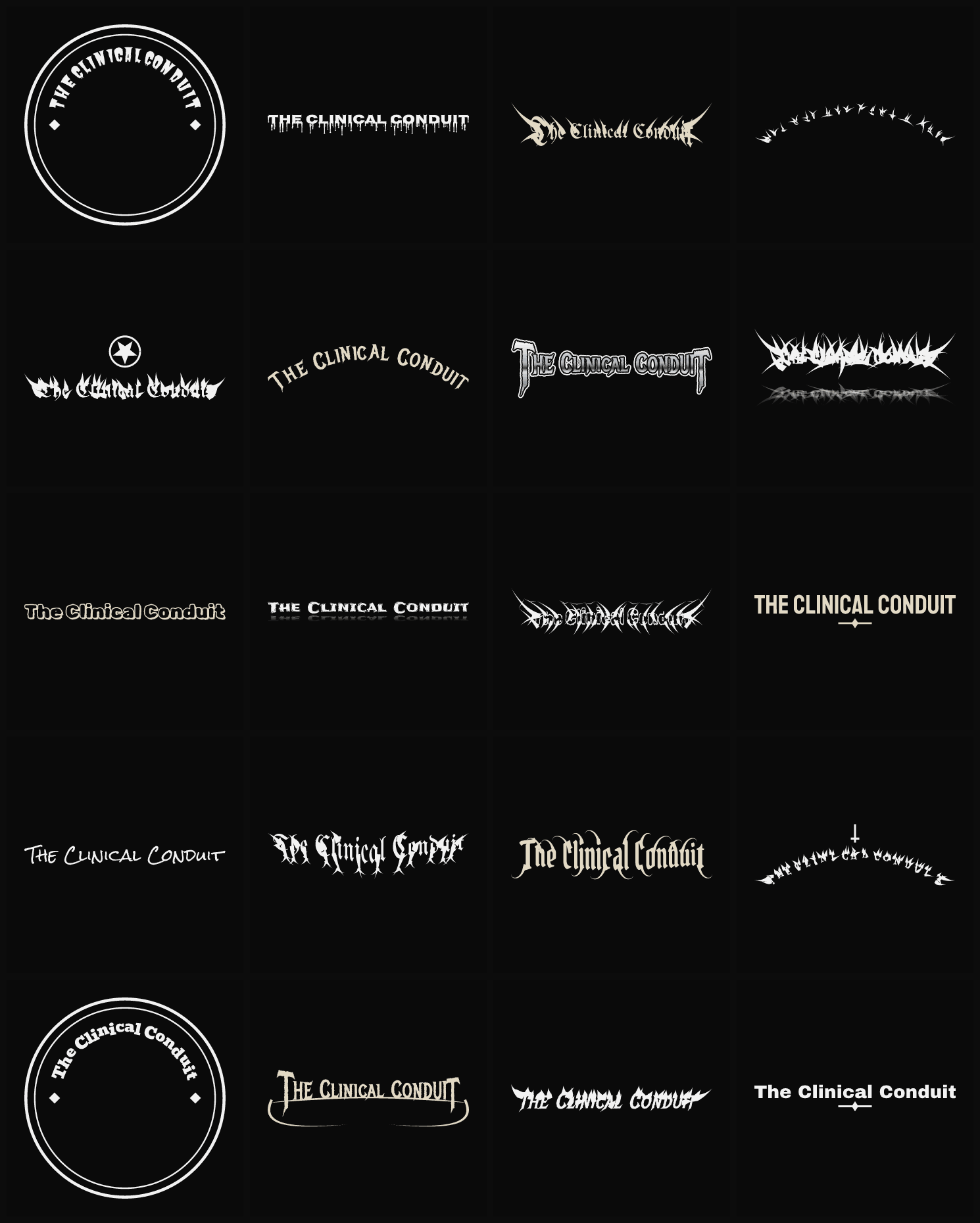 Twenty The Clinical Conduit band logo ideas — different faces, treatments and spike settings