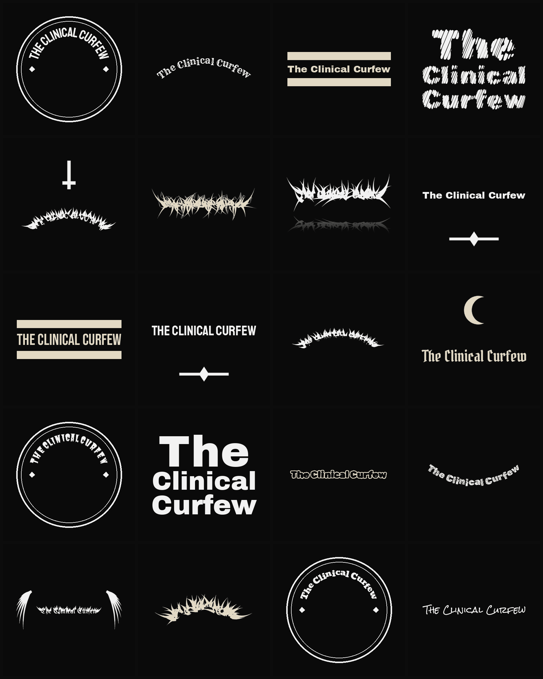 Twenty The Clinical Curfew band logo ideas — different faces, treatments and spike settings
