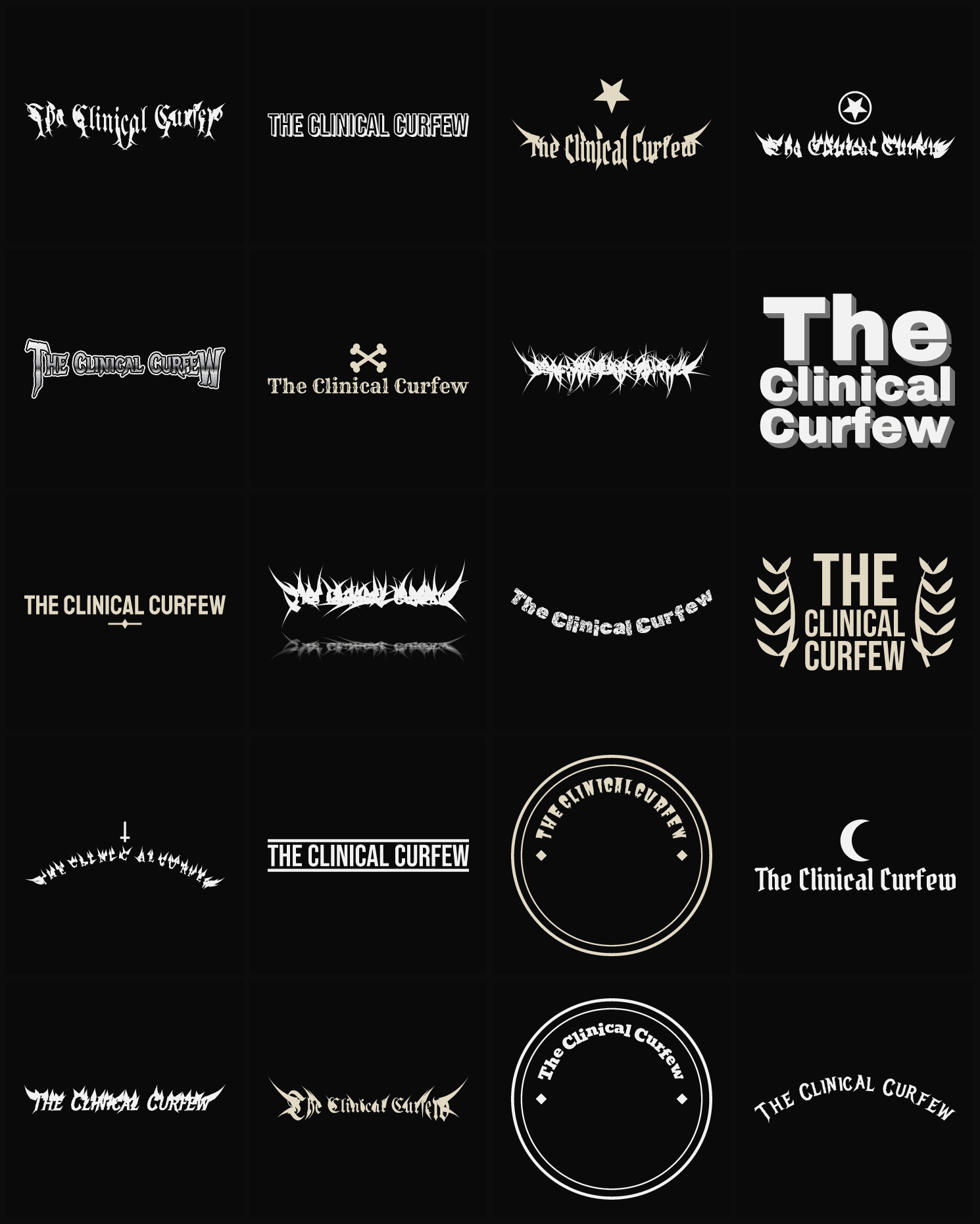 Twenty The Clinical Curfew band logo ideas — different faces, treatments and spike settings