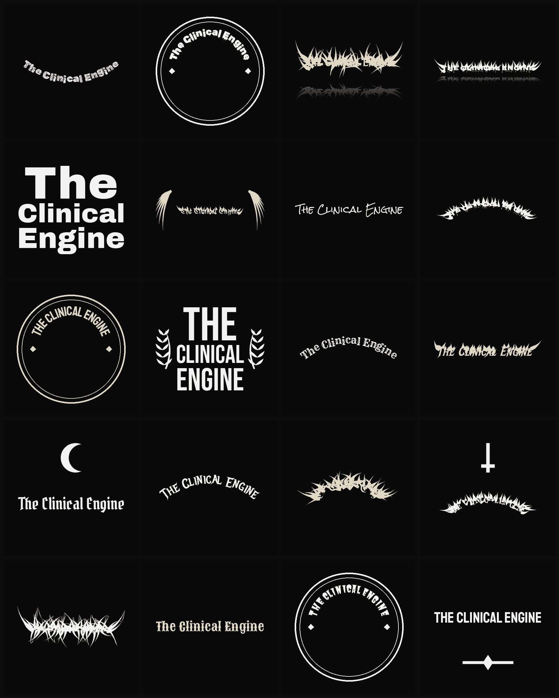 Twenty The Clinical Engine band logo ideas — different faces, treatments and spike settings