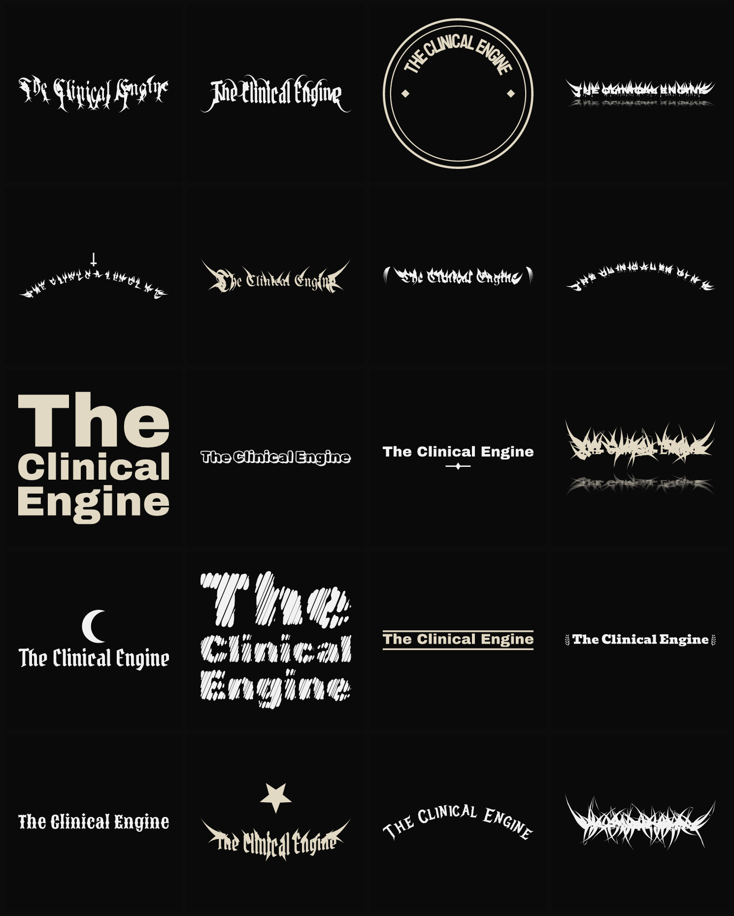 Twenty The Clinical Engine band logo ideas — different faces, treatments and spike settings