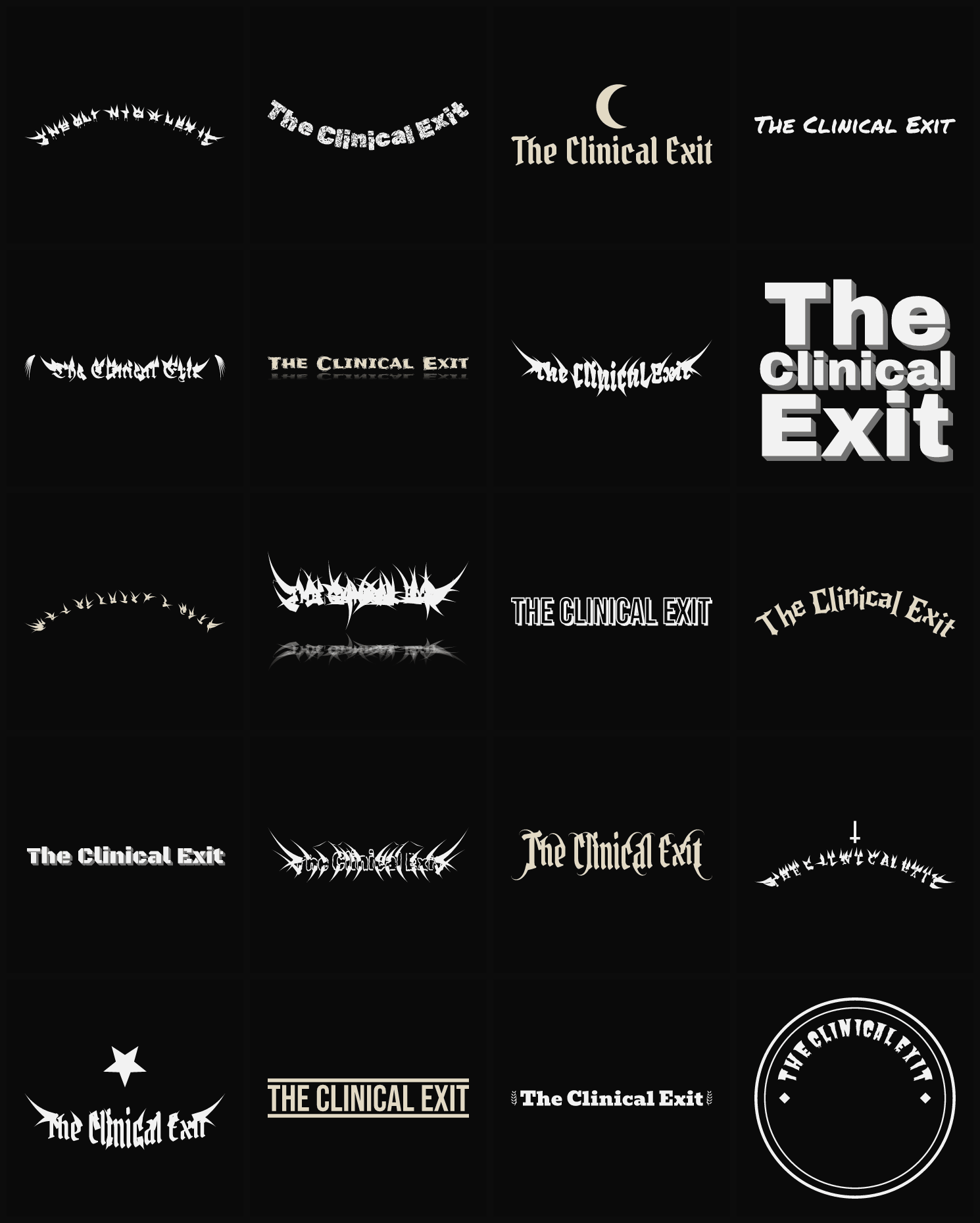 Twenty The Clinical Exit band logo ideas — different faces, treatments and spike settings