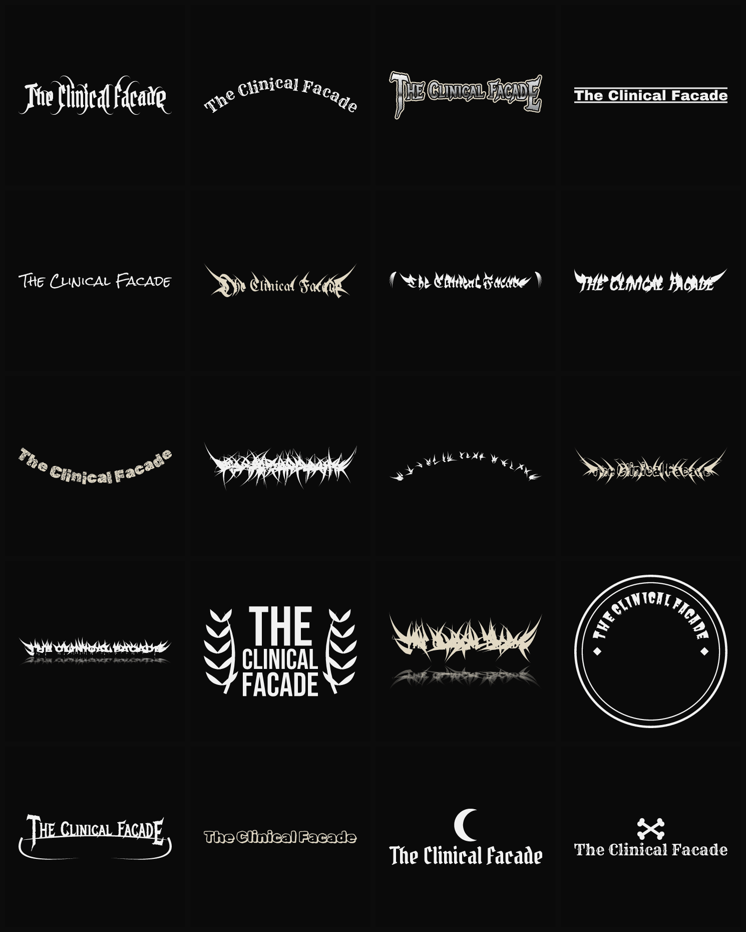 Twenty The Clinical Facade band logo ideas — different faces, treatments and spike settings