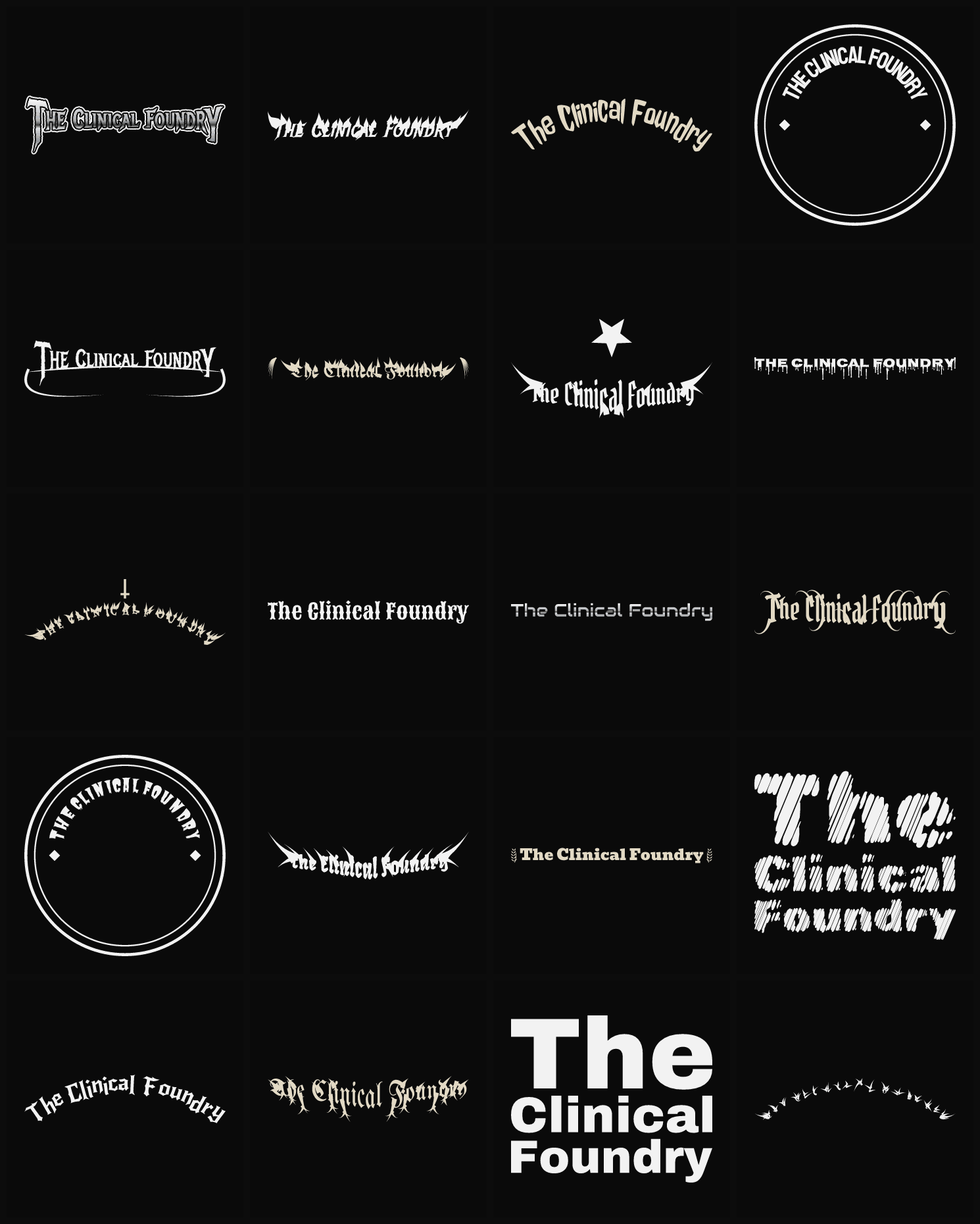Twenty The Clinical Foundry band logo ideas — different faces, treatments and spike settings
