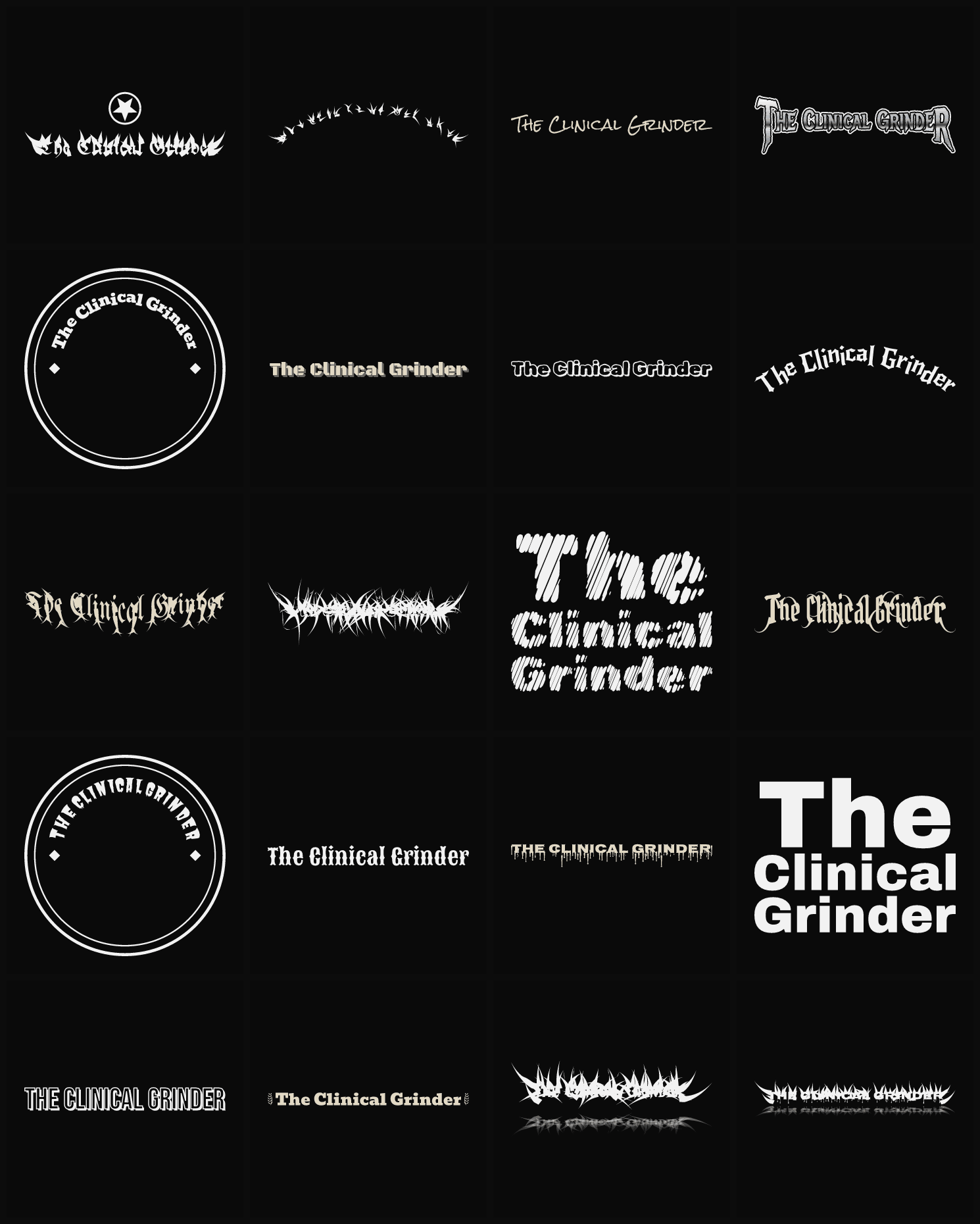 Twenty The Clinical Grinder band logo ideas — different faces, treatments and spike settings