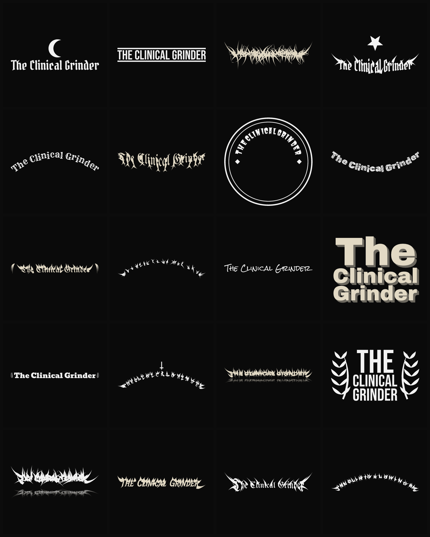 Twenty The Clinical Grinder band logo ideas — different faces, treatments and spike settings