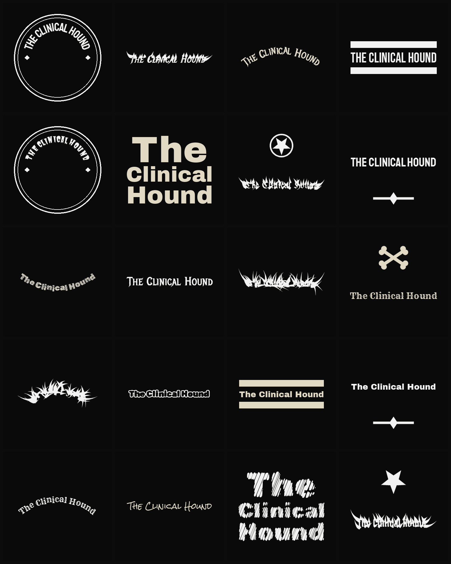 Twenty The Clinical Hound band logo ideas — different faces, treatments and spike settings