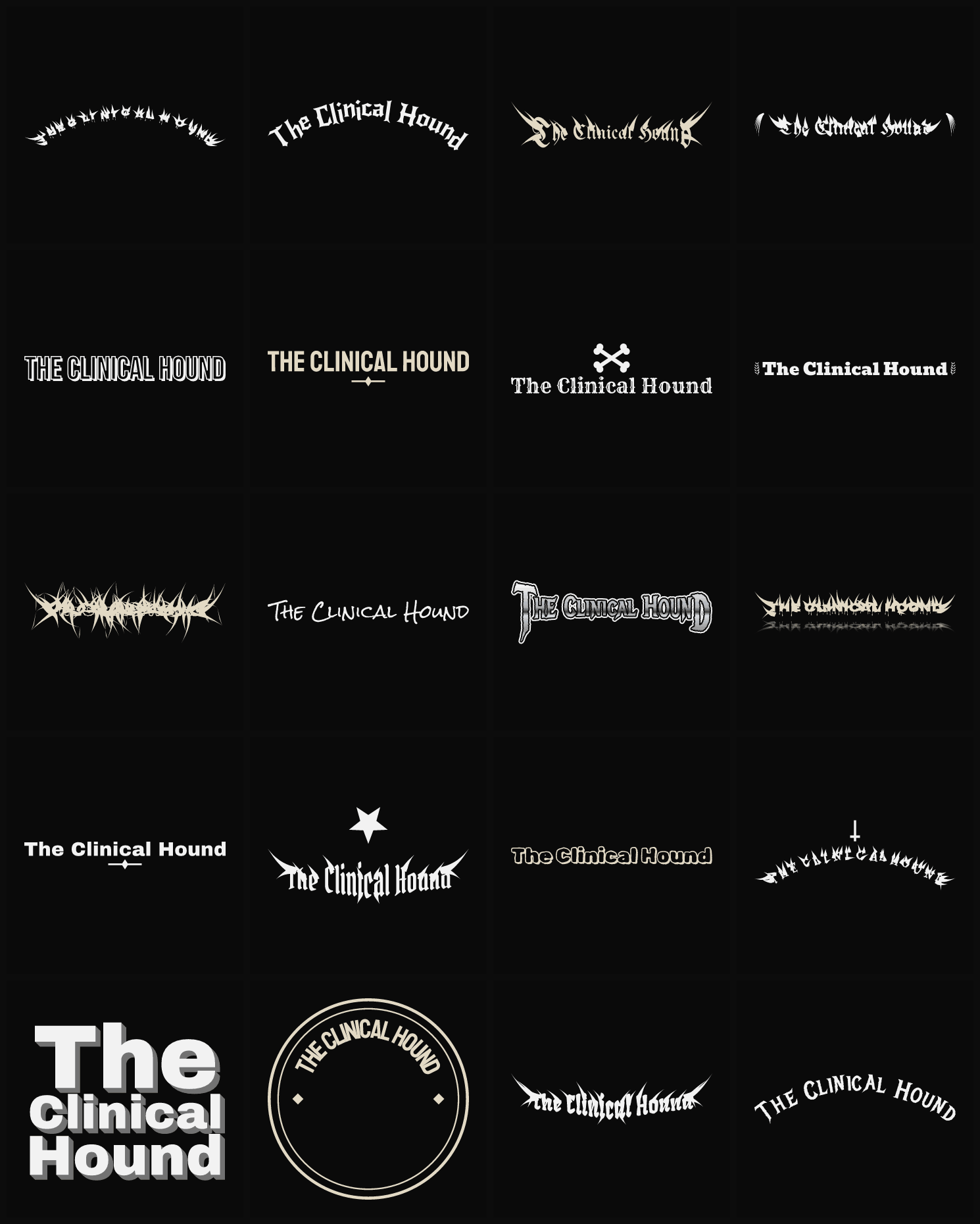 Twenty The Clinical Hound band logo ideas — different faces, treatments and spike settings