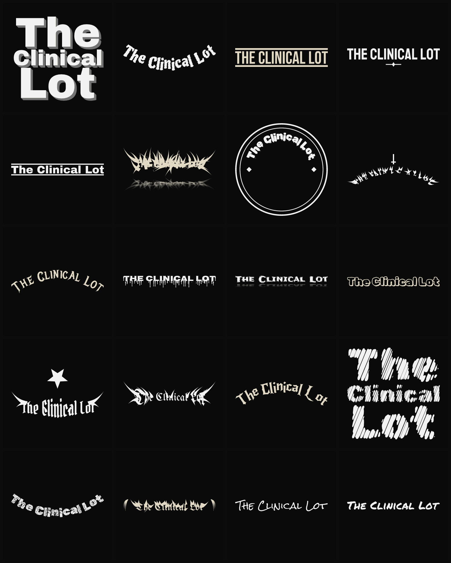 Twenty The Clinical Lot band logo ideas — different faces, treatments and spike settings