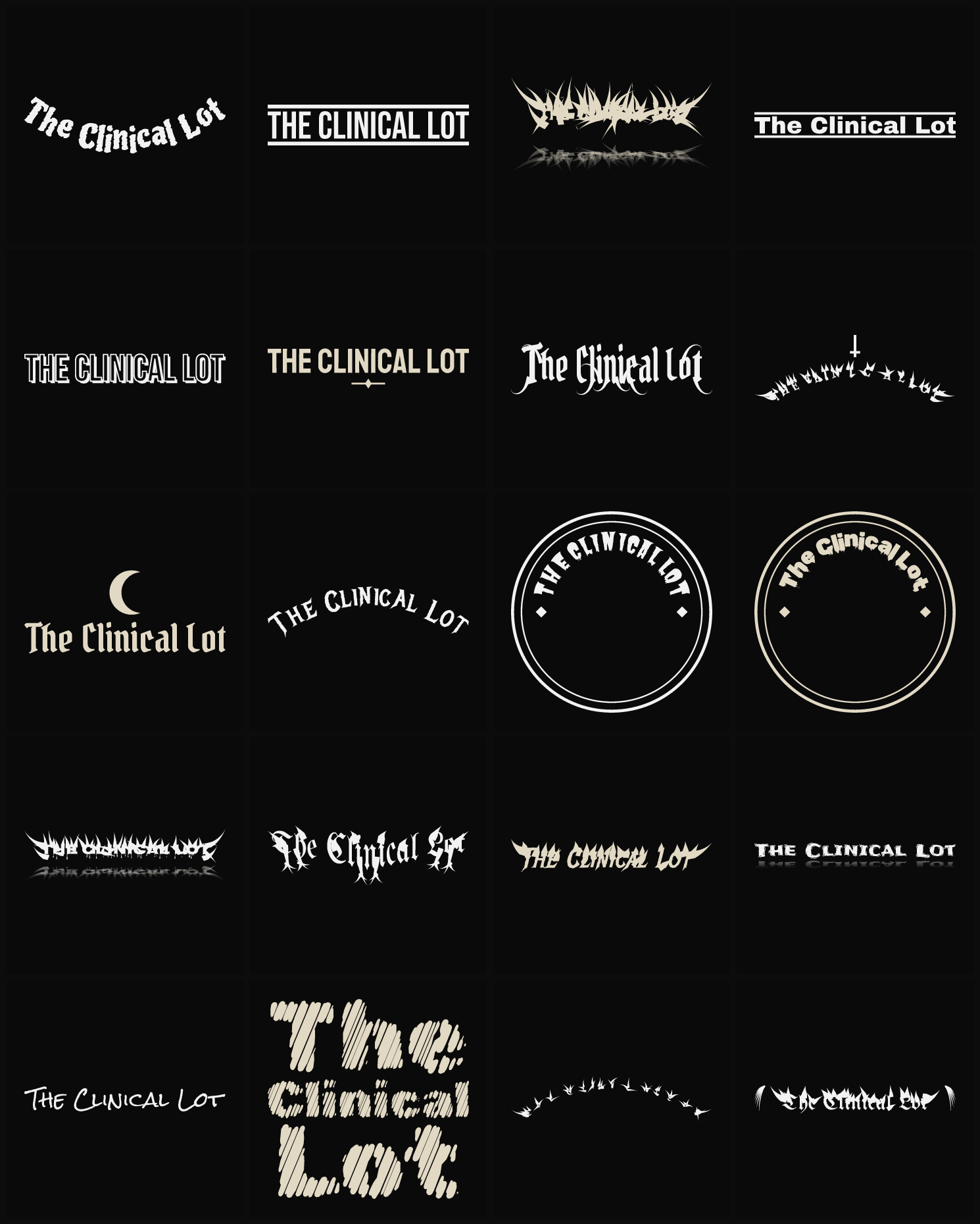 Twenty The Clinical Lot band logo ideas — different faces, treatments and spike settings