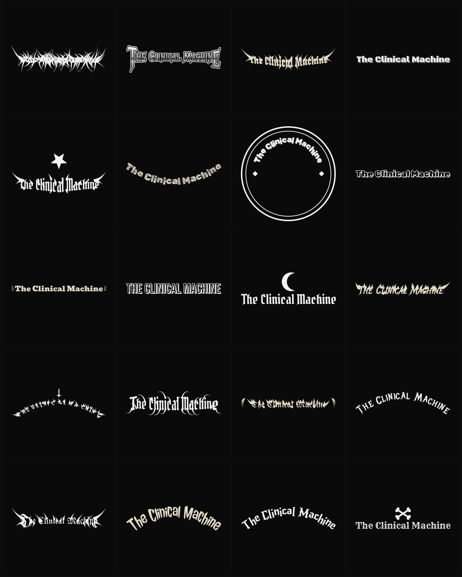 Twenty The Clinical Machine band logo ideas — different faces, treatments and spike settings