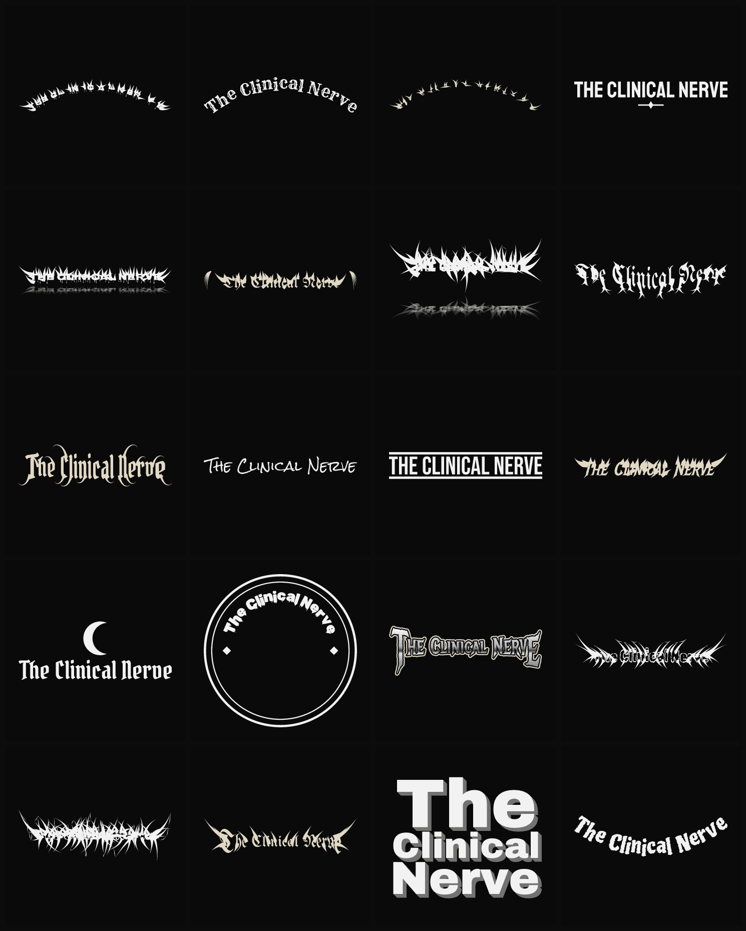 Twenty The Clinical Nerve band logo ideas — different faces, treatments and spike settings