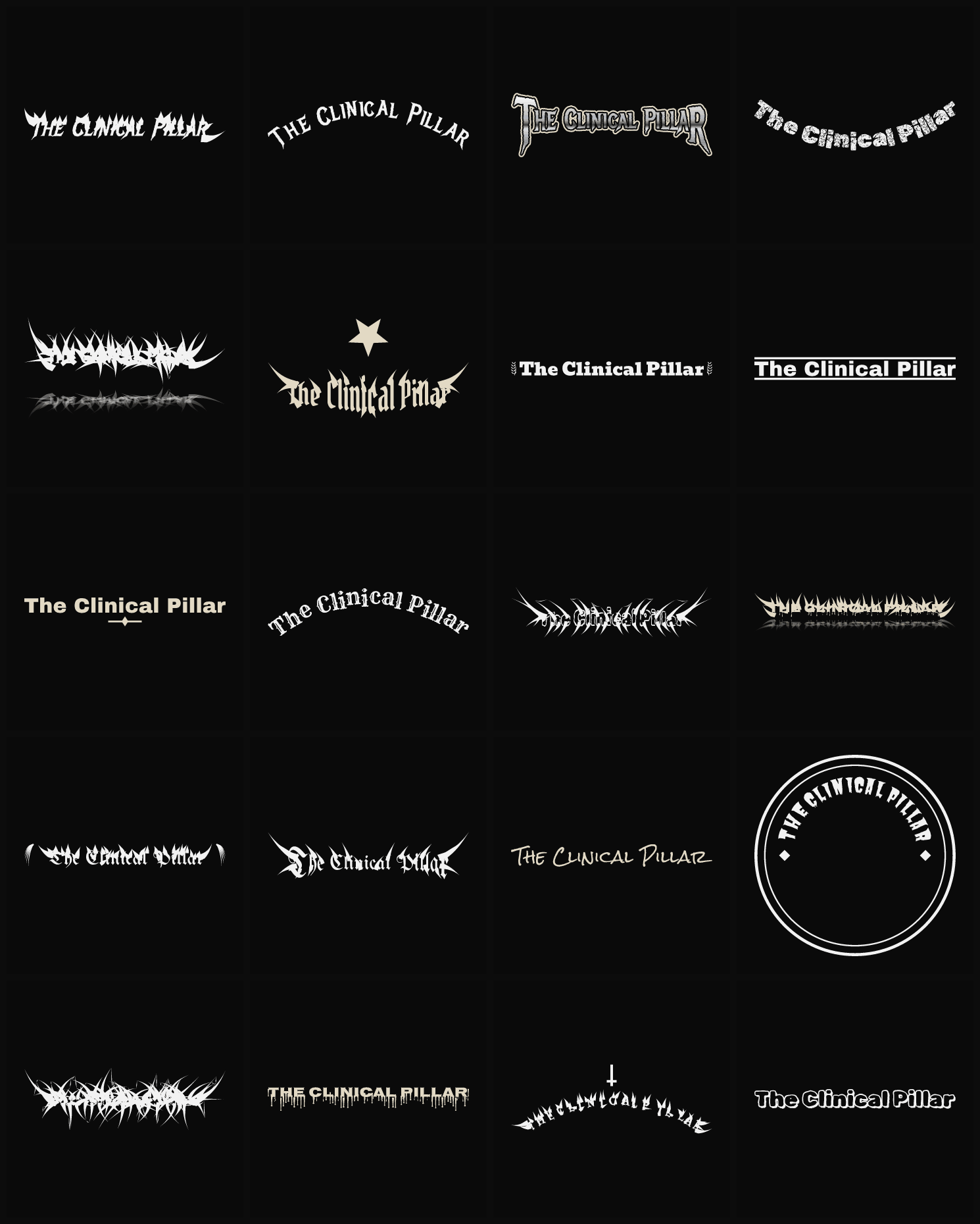 Twenty The Clinical Pillar band logo ideas — different faces, treatments and spike settings