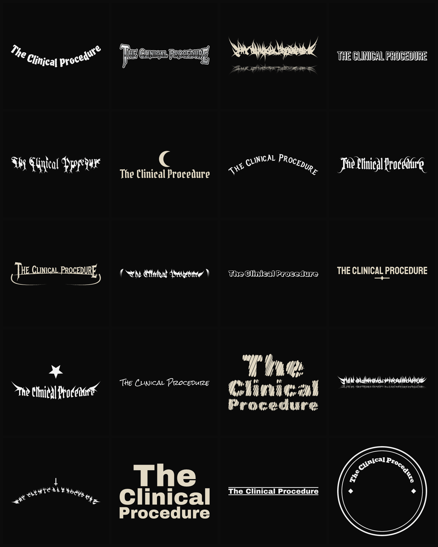 Twenty The Clinical Procedure band logo ideas — different faces, treatments and spike settings