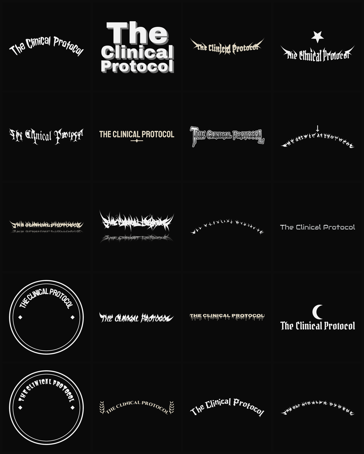 Twenty The Clinical Protocol band logo ideas — different faces, treatments and spike settings