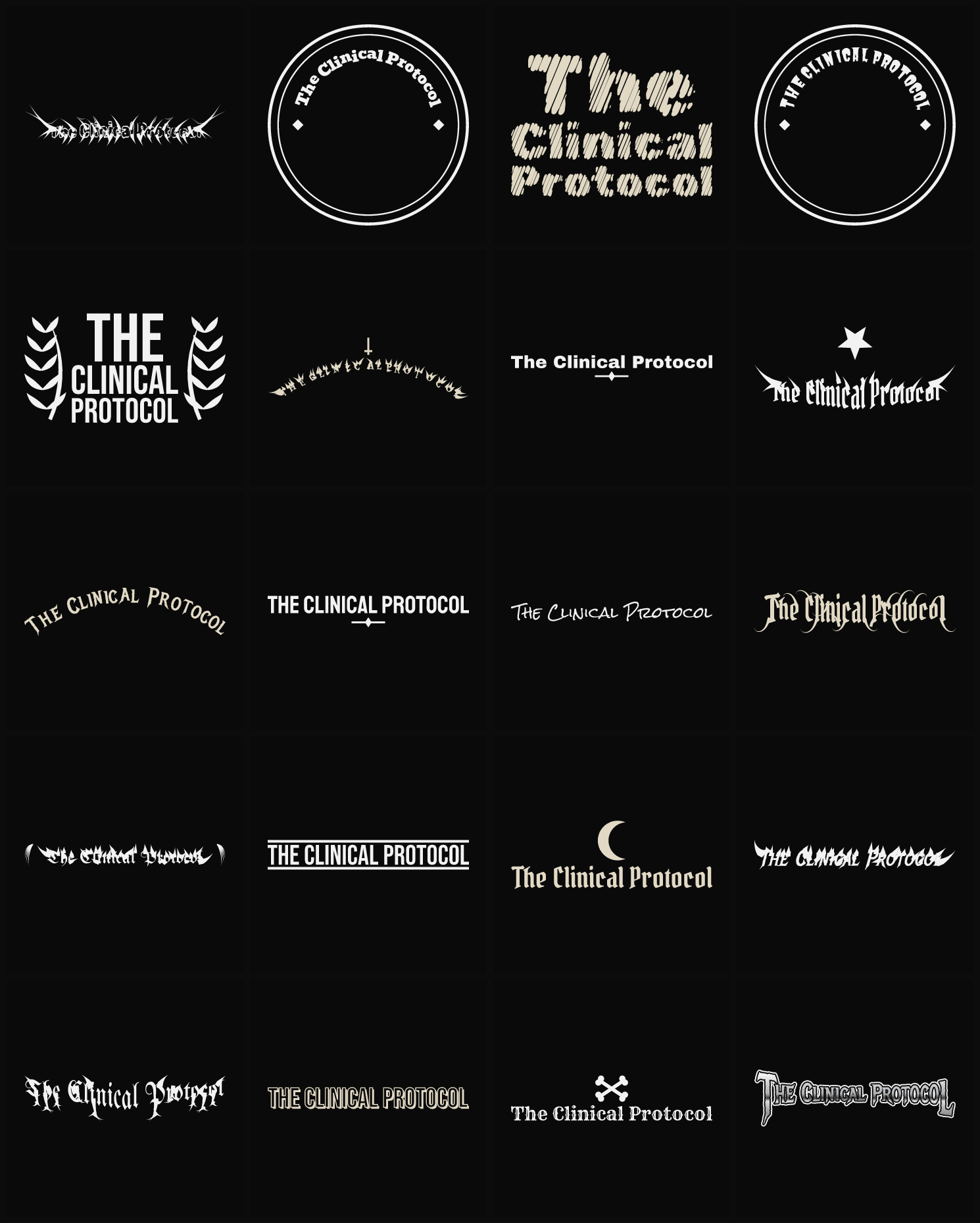 Twenty The Clinical Protocol band logo ideas — different faces, treatments and spike settings