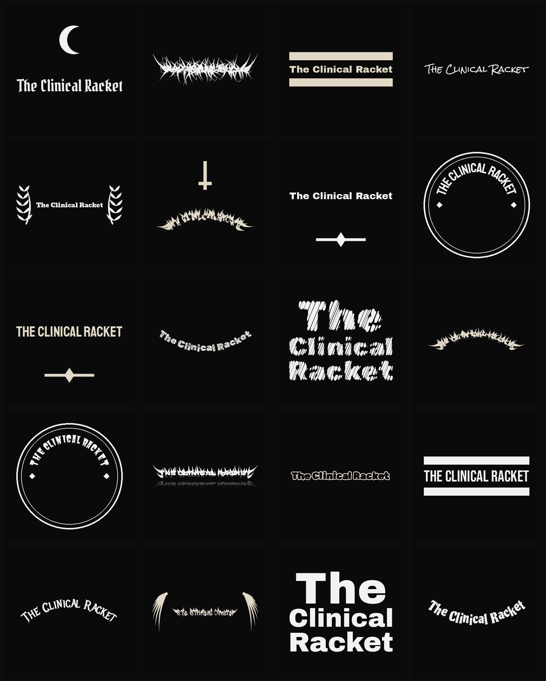 Twenty The Clinical Racket band logo ideas — different faces, treatments and spike settings