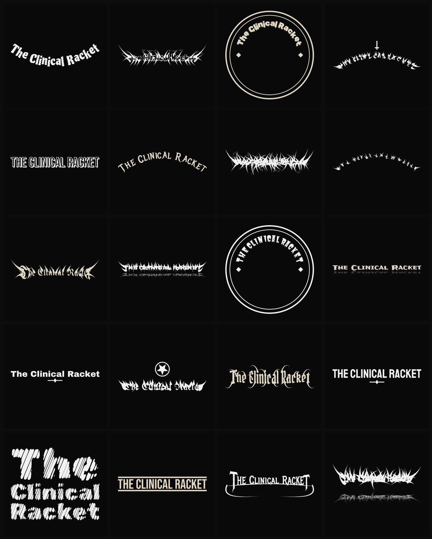 Twenty The Clinical Racket band logo ideas — different faces, treatments and spike settings