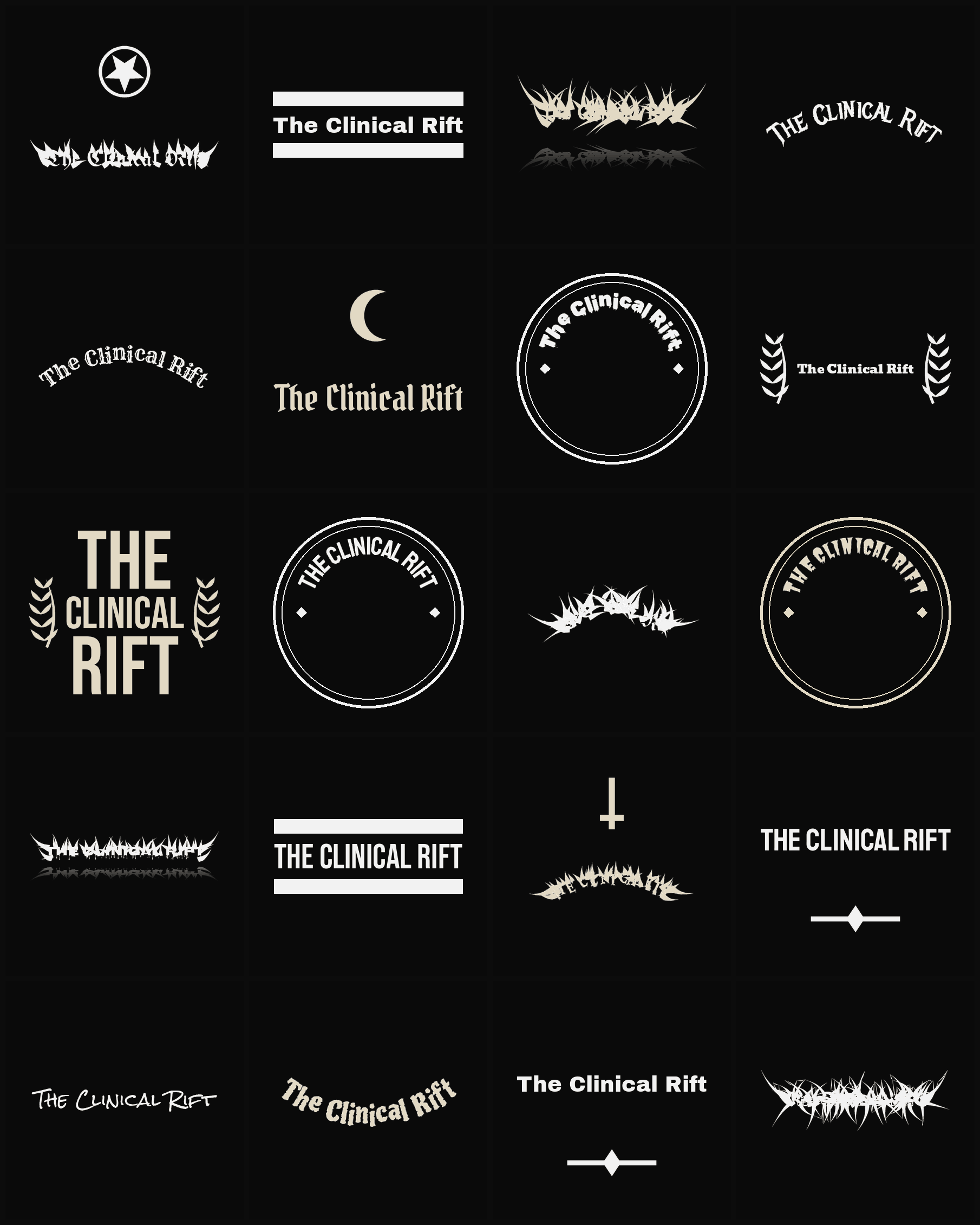 Twenty The Clinical Rift band logo ideas — different faces, treatments and spike settings