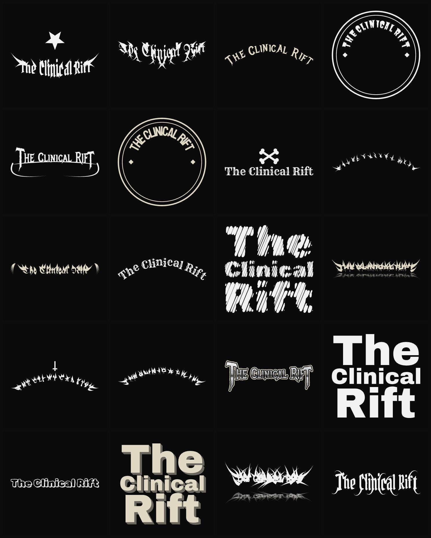 Twenty The Clinical Rift band logo ideas — different faces, treatments and spike settings