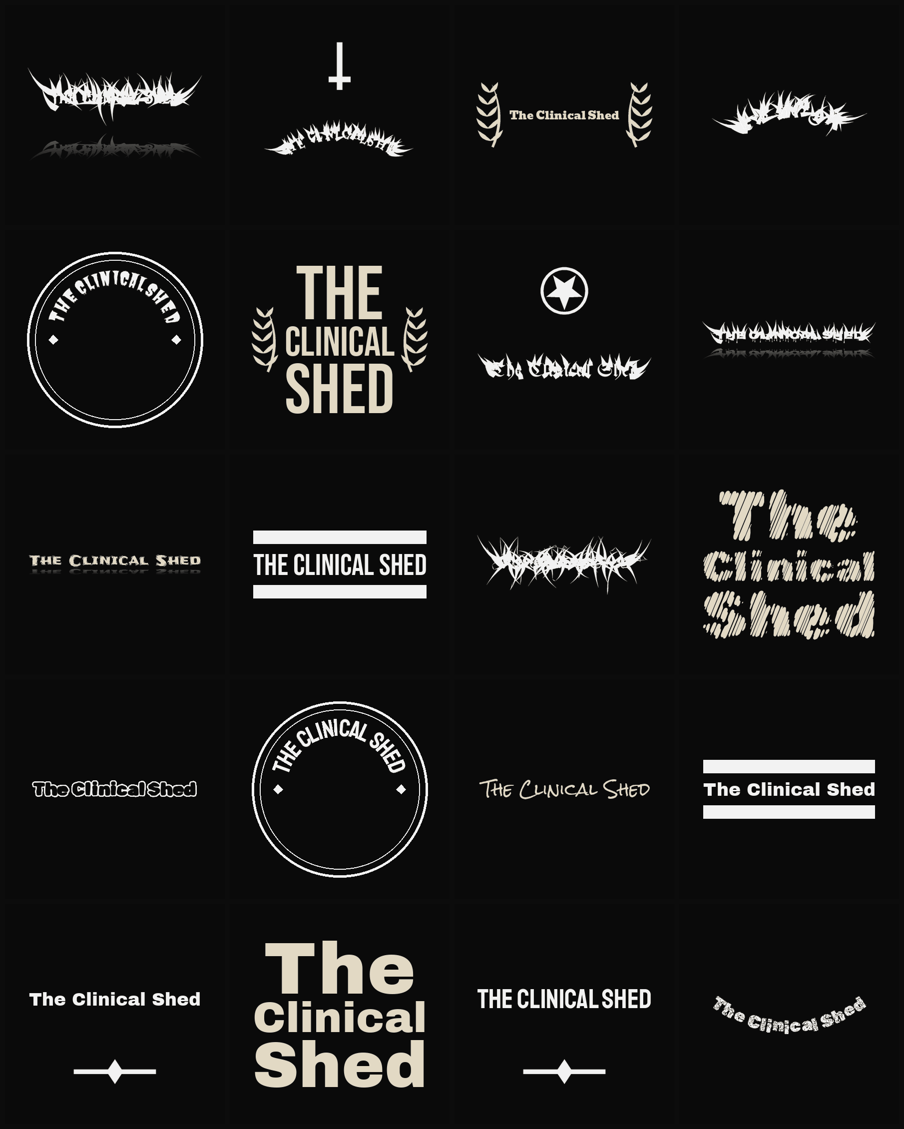 Twenty The Clinical Shed band logo ideas — different faces, treatments and spike settings
