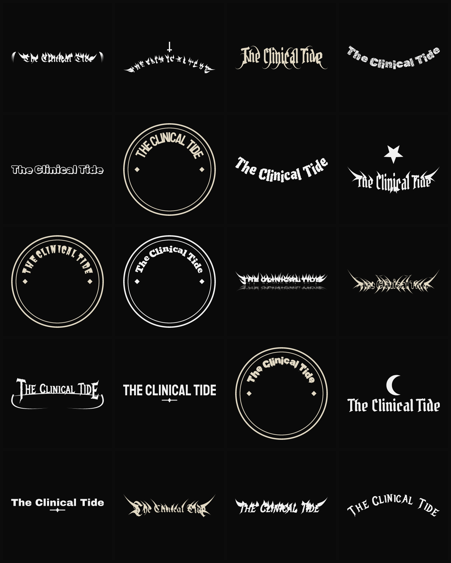 Twenty The Clinical Tide band logo ideas — different faces, treatments and spike settings