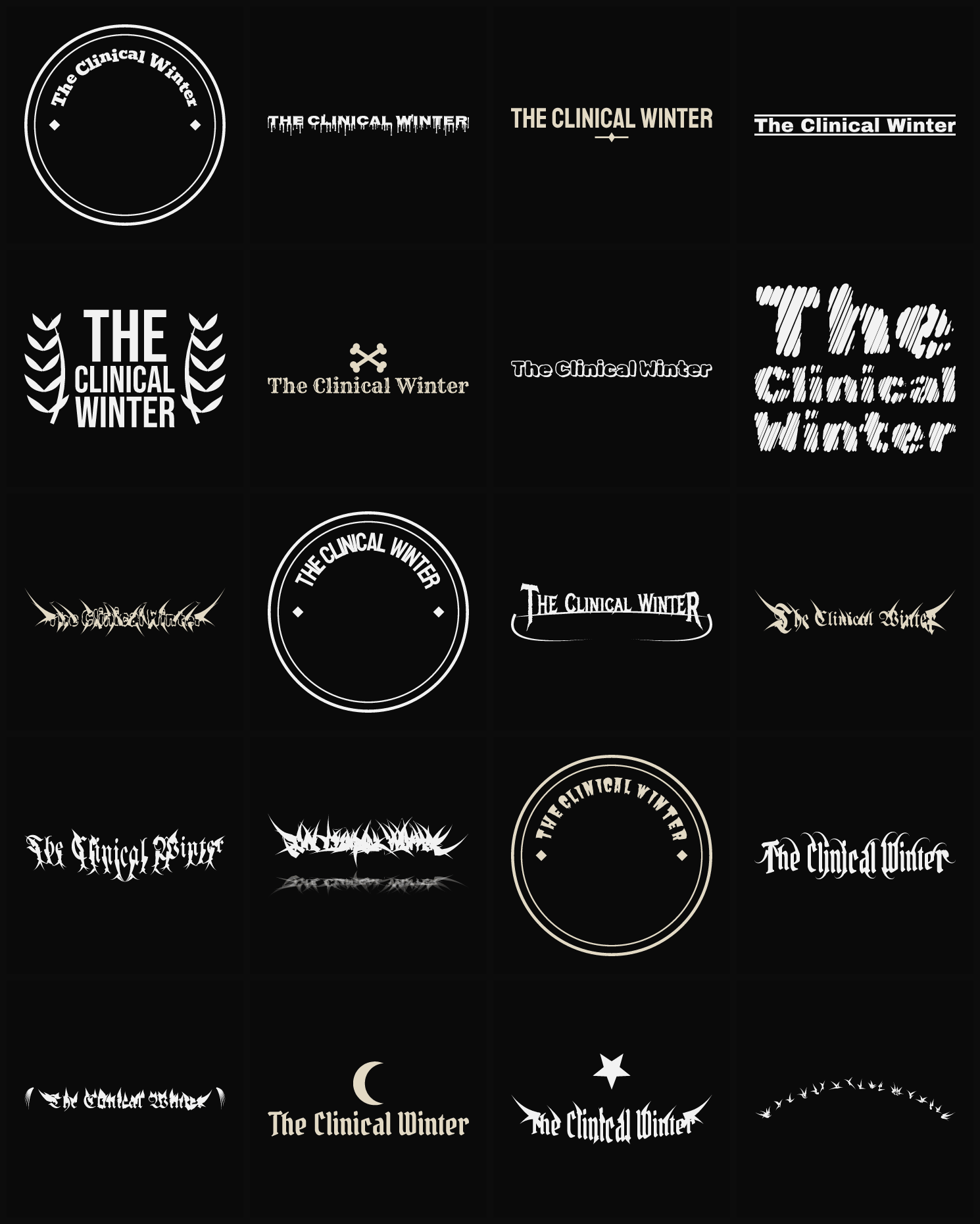Twenty The Clinical Winter band logo ideas — different faces, treatments and spike settings