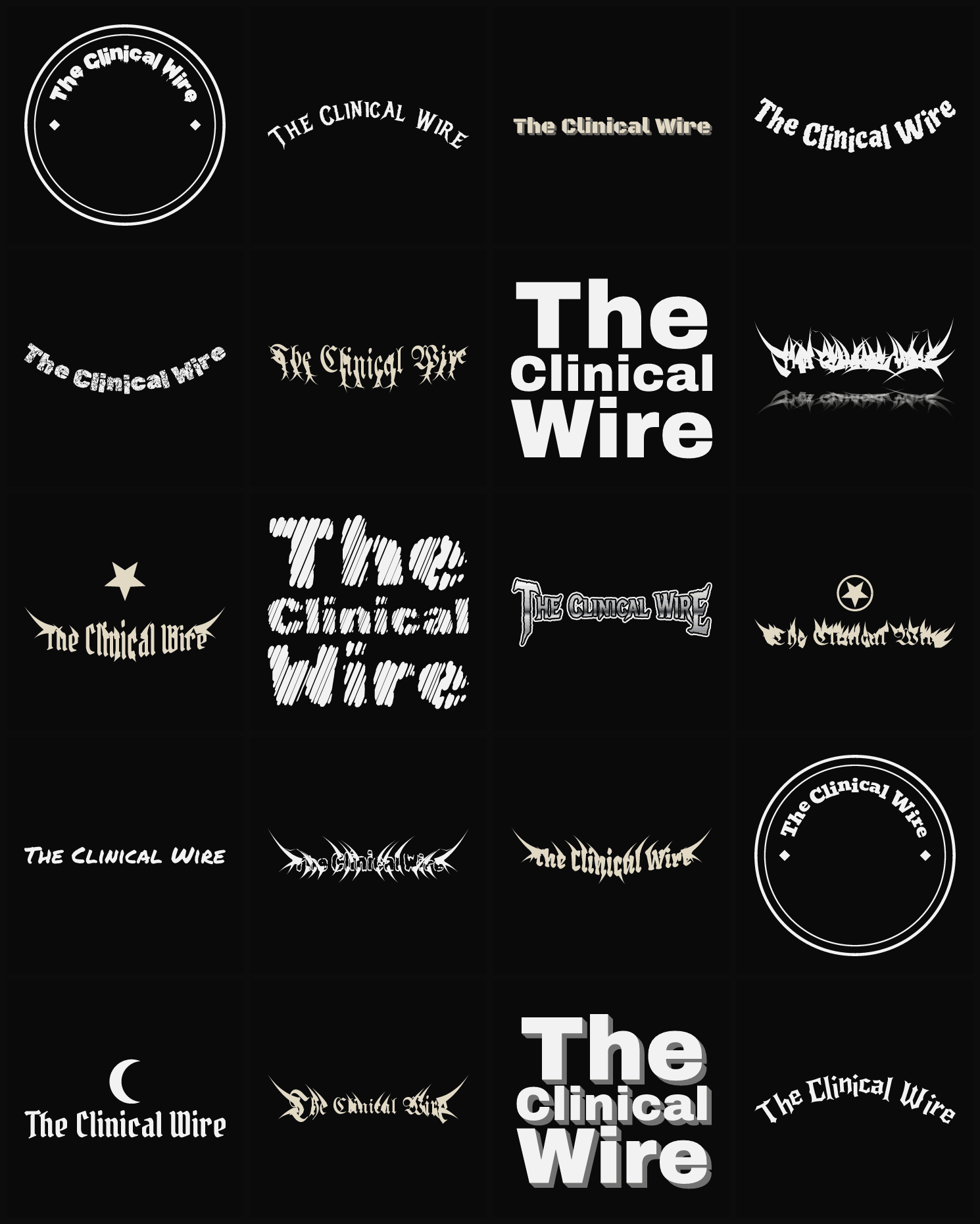 Twenty The Clinical Wire band logo ideas — different faces, treatments and spike settings