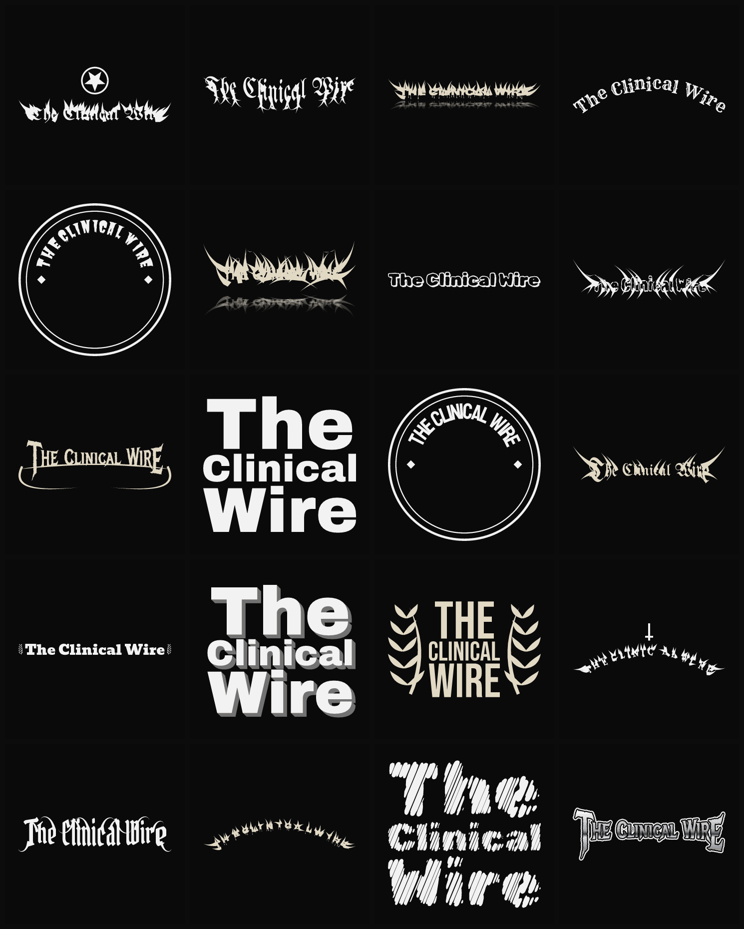 Twenty The Clinical Wire band logo ideas — different faces, treatments and spike settings