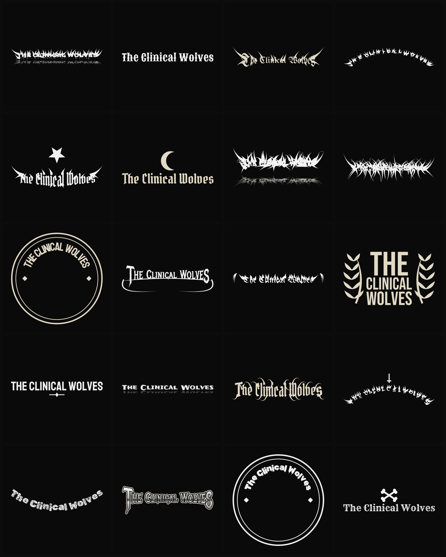 Twenty The Clinical Wolves band logo ideas — different faces, treatments and spike settings