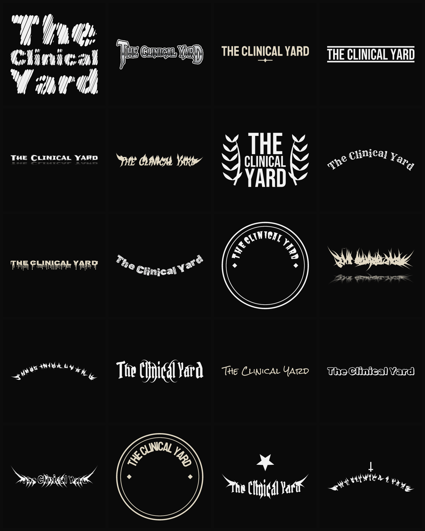 Twenty The Clinical Yard band logo ideas — different faces, treatments and spike settings