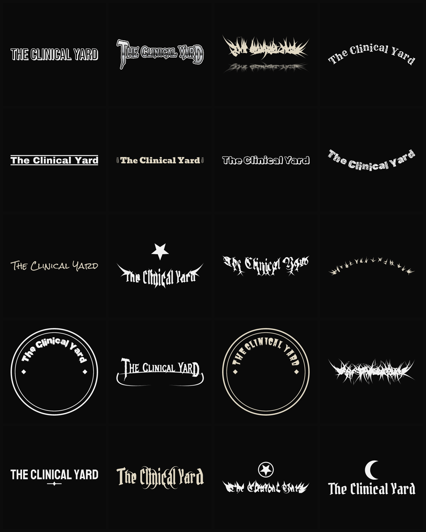Twenty The Clinical Yard band logo ideas — different faces, treatments and spike settings